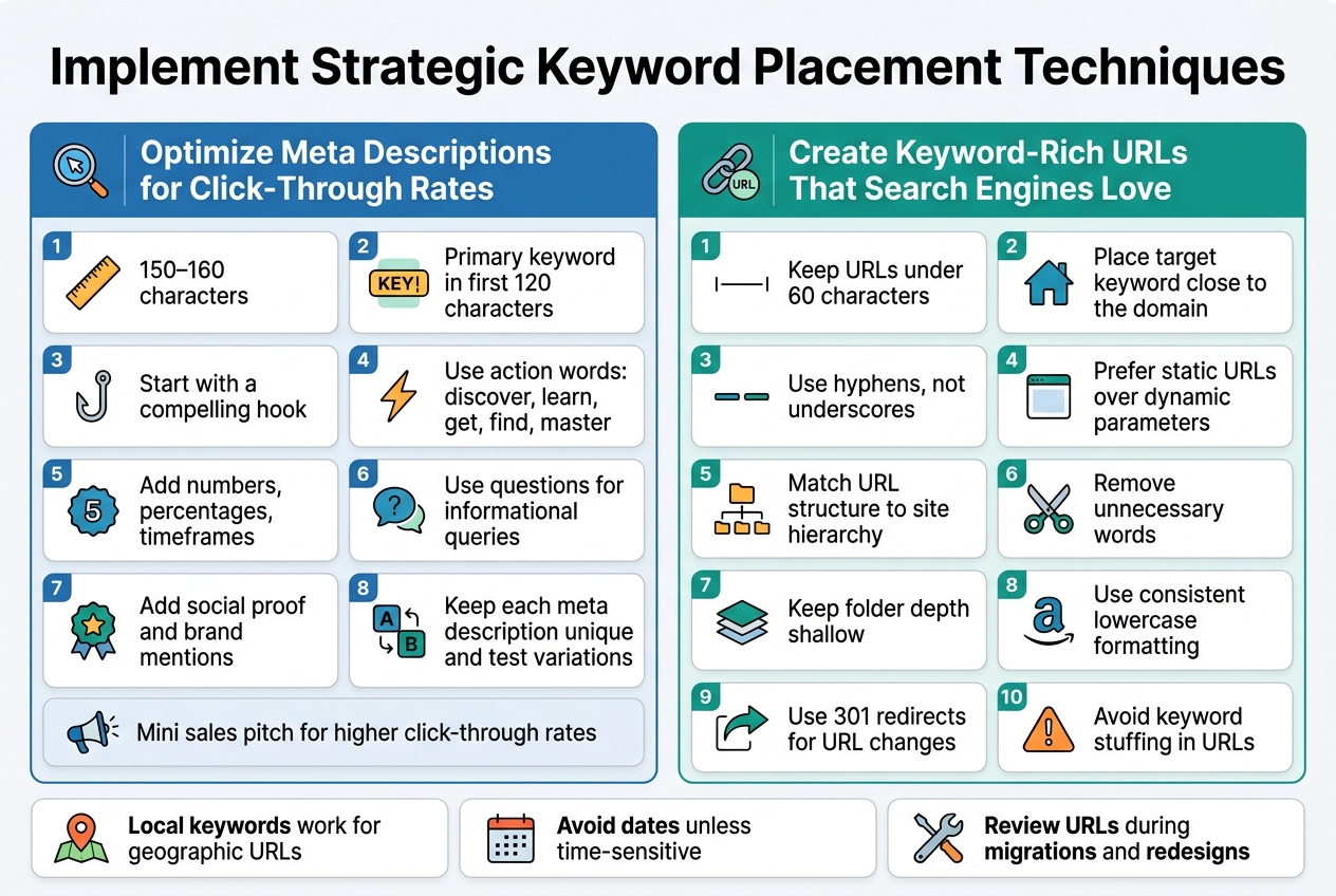 A clean professional SEO infographic in a full-bleed 3:2 landscape layout, white background with blue, teal, green, and orange accents, modern sans-serif fonts, bold hierarchy, subtle grid lines, and clear iconography. Top header bar across the full width with the title in large bold text: "Implement Strategic Keyword Placement Techniques". 

Below the title, split the design into two wide side-by-side main sections with colored header bands and icons.

LEFT SECTION: "Optimize Meta Descriptions for Click-Through Rates" with a small magnifying glass and cursor icon. Use 8 compact numbered blocks stacked in two columns within this section, each with a distinct icon:
1. "150–160 characters" with a ruler icon
2. "Primary keyword in first 120 characters" with a highlighted keyword tag icon
3. "Start with a compelling hook" with a hook icon
4. "Use action words: discover, learn, get, find, master" with a lightning bolt icon
5. "Add numbers, percentages, timeframes" with a number badge icon
6. "Use questions for informational queries" with a speech bubble/question mark icon
7. "Add social proof and brand mentions" with a star and badge icon
8. "Keep each meta description unique and test variations" with a split test / A-B icon

Include a slim bottom callout strip inside the left section with the text: "Mini sales pitch for higher click-through rates" and a small megaphone icon.

RIGHT SECTION: "Create Keyword-Rich URLs That Search Engines Love" with a chain link and URL icon. Use 10 compact numbered blocks arranged in two columns, each with a distinct icon:
1. "Keep URLs under 60 characters" with a short line/length icon
2. "Place target keyword close to the domain" with a house/domain icon
3. "Use hyphens, not underscores" with a hyphen separator icon
4. "Prefer static URLs over dynamic parameters" with a clean page icon
5. "Match URL structure to site hierarchy" with a nested folder tree icon
6. "Remove unnecessary words" with a scissors icon
7. "Keep folder depth shallow" with a simple stack icon
8. "Use consistent lowercase formatting" with a lowercase 'a' icon
9. "Use 301 redirects for URL changes" with a redirect arrow icon
10. "Avoid keyword stuffing in URLs" with a warning triangle icon

Add three smaller horizontal highlight cards along the bottom spanning the full width, each with a bold label and icon:
"Local keywords work for geographic URLs" with a map pin icon
"Avoid dates unless time-sensitive" with a calendar icon
"Review URLs during migrations and redesigns" with a tools/wrench icon

Use strong visual hierarchy, ample spacing, clean alignment, crisp infographic-style illustrations, and readable text blocks. No people, no 3D mockups, no decorative poster frame, no dark background.