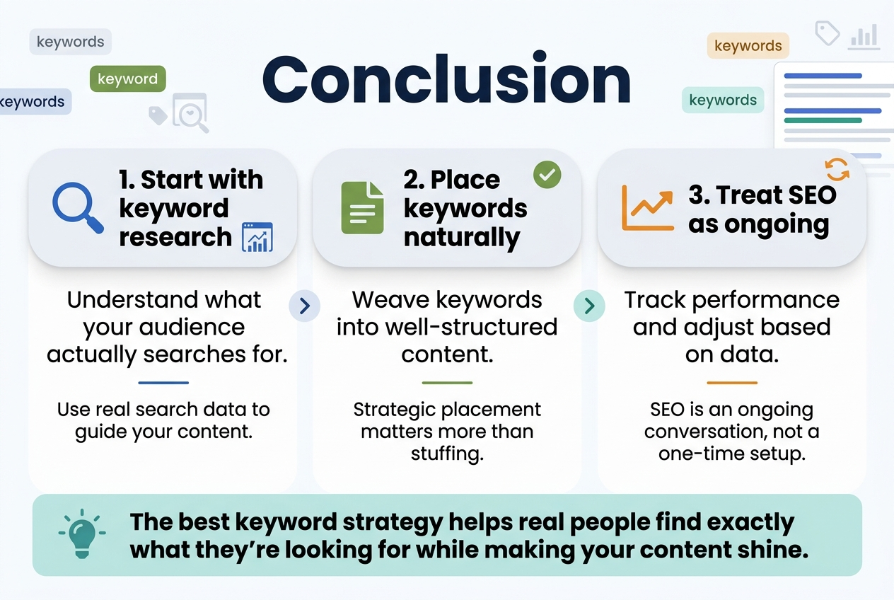 Create a clean professional infographic illustration in a 3:2 aspect ratio with a full-bleed layout, no poster frame, no inset margins, and a wide horizontal composition. Use a modern sans-serif font, strong visual hierarchy, and a white background with deep navy, teal, and warm green accents. 

At the top, place a bold large heading: "Conclusion"

Below the heading, create two wide horizontal content sections with clear spacing and subtle rounded cards.

Left section:
Title text: "1. Start with keyword research"
Include a blue magnifying glass icon and a small search chart icon.
Body text: "Understand what your audience actually searches for."
Add a short supporting line: "Use real search data to guide your content."

Center section:
Title text: "2. Place keywords naturally"
Include a green document icon and a checkmark icon.
Body text: "Weave keywords into well-structured content."
Add a short supporting line: "Strategic placement matters more than stuffing."

Right section:
Title text: "3. Treat SEO as ongoing"
Include an orange line graph icon and a refresh arrows icon.
Body text: "Track performance and adjust based on data."
Add a short supporting line: "SEO is an ongoing conversation, not a one-time setup."

Along the bottom, add a wide highlighted takeaway bar with a soft teal background and a lightbulb icon on the left. Include this text in bold:
"The best keyword strategy helps real people find exactly what they're looking for while making your content shine."

Add small visual arrows connecting the three sections left to right to show progression, and use subtle decorative keyword tags and search result symbols in the background. Keep all text crisp, readable, and evenly aligned.