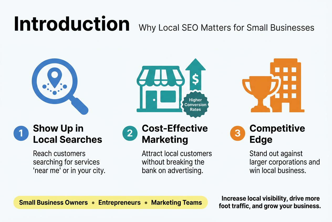 Create a full-bleed professional infographic illustration in a 3:2 aspect ratio with a clean modern business style, using a white background with blue, teal, and orange accents, subtle gradients, and sans-serif fonts.

Place a large bold heading at the top left: "Introduction"

Under the heading, add a short supporting line in smaller text across the top center: "Why Local SEO Matters for Small Businesses"

Use a wide horizontal layout with three equal sections across the center and lower area, not a vertical poster stack.

Section 1 on the left:
- A blue magnifying glass icon with a map pin and location dots
- Number label: "1"
- Title text: "Show Up in Local Searches"
- Body text: "Reach customers searching for services 'near me' or in your city."

Section 2 in the center:
- A teal storefront icon with an upward arrow and dollar sign
- Number label: "2"
- Title text: "Cost-Effective Marketing"
- Body text: "Attract local customers without breaking the bank on advertising."
- Small badge text near the icon: "Higher Conversion Rates"

Section 3 on the right:
- An orange trophy icon beside a large building silhouette
- Number label: "3"
- Title text: "Competitive Edge"
- Body text: "Stand out against larger corporations and win local business."

Along the bottom, add a highlighted horizontal callout bar with three audience labels separated by dots:
"Small Business Owners" • "Entrepreneurs" • "Marketing Teams"

Add a short closing line in the bottom right in bold:
"Increase local visibility, drive more foot traffic, and grow your business."

Use clear visual hierarchy, crisp iconography, balanced spacing, and professional infographic styling.