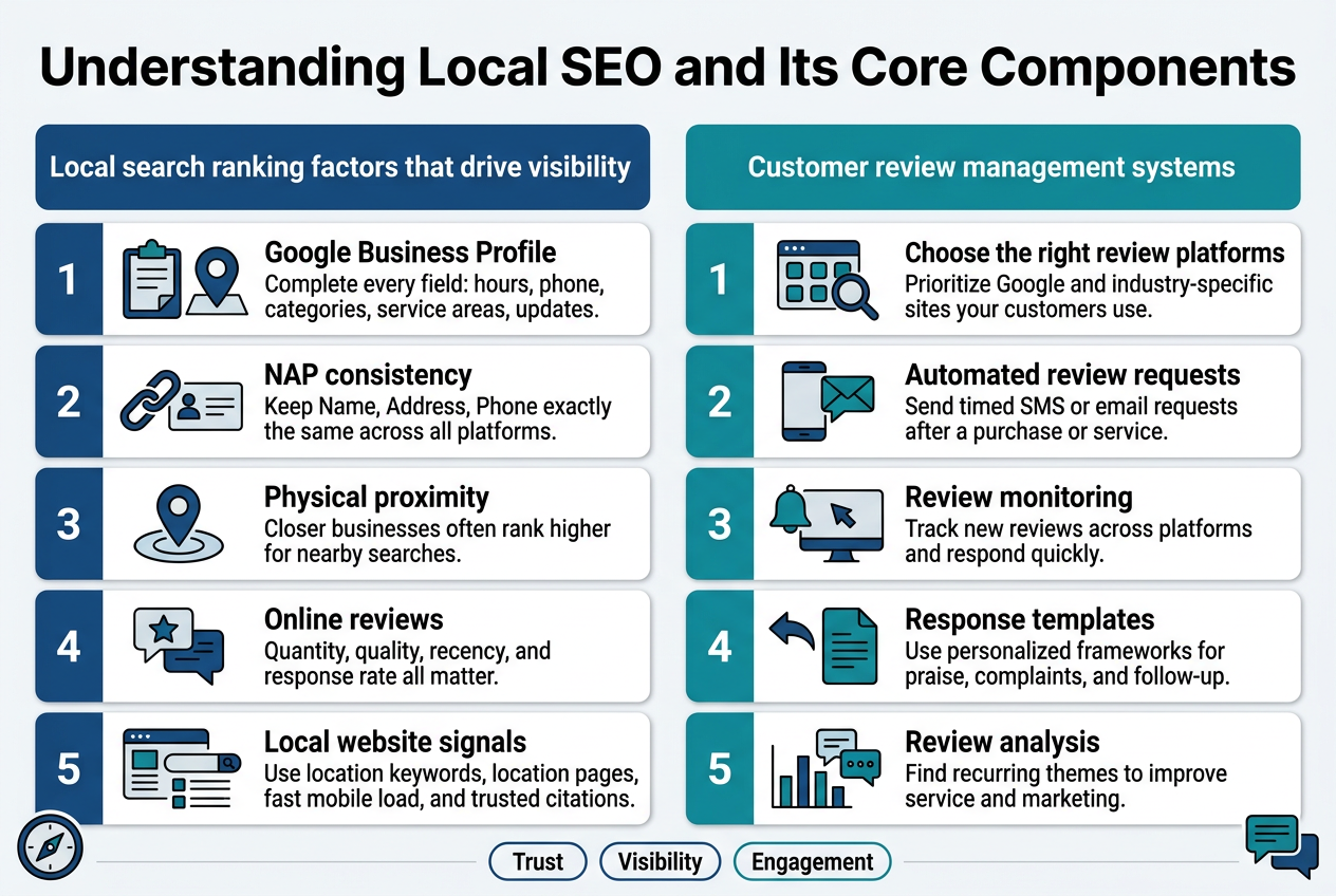 Create a full-bleed 3:2 landscape infographic with a clean modern corporate style, white background, deep blue and teal accents, subtle gray dividers, bold sans-serif typography, and strong visual hierarchy. Place a large bold title across the top: "Understanding Local SEO and Its Core Components". Under the title, use two wide horizontal sections side by side with clear icons and numbered blocks.

LEFT SECTION, header in a dark blue banner: "Local search ranking factors that drive visibility"
Use five stacked numbered panels with simple flat icons:
1. A clipboard and map pin icon, label: "Google Business Profile"
   Smaller text: "Complete every field: hours, phone, categories, service areas, updates."
2. A chain-link and business card icon, label: "NAP consistency"
   Smaller text: "Keep Name, Address, Phone exactly the same across all platforms."
3. A location pin and concentric rings icon, label: "Physical proximity"
   Smaller text: "Closer businesses often rank higher for nearby searches."
4. A star review and speech bubble icon, label: "Online reviews"
   Smaller text: "Quantity, quality, recency, and response rate all matter."
5. A webpage, search bar, and citation list icon, label: "Local website signals"
   Smaller text: "Use location keywords, location pages, fast mobile load, and trusted citations."

RIGHT SECTION, header in a teal banner: "Customer review management systems"
Use five stacked numbered panels with simple flat icons:
1. A platform grid and magnifying glass icon, label: "Choose the right review platforms"
   Smaller text: "Prioritize Google and industry-specific sites your customers use."
2. A phone and email notification icon, label: "Automated review requests"
   Smaller text: "Send timed SMS or email requests after a purchase or service."
3. A bell and monitor icon, label: "Review monitoring"
   Smaller text: "Track new reviews across platforms and respond quickly."
4. A reply arrow and template document icon, label: "Response templates"
   Smaller text: "Use personalized frameworks for praise, complaints, and follow-up."
5. A bar chart and feedback bubbles icon, label: "Review analysis"
   Smaller text: "Find recurring themes to improve service and marketing."

Add a slim bottom strip across the full width with three small callout badges: "Trust", "Visibility", "Engagement". Place a small compass/map icon near the left bottom corner and a chat review icon near the right bottom corner. Keep text crisp and fully readable, evenly spaced, with no photo background, no 3D effects, and no empty centered poster layout.