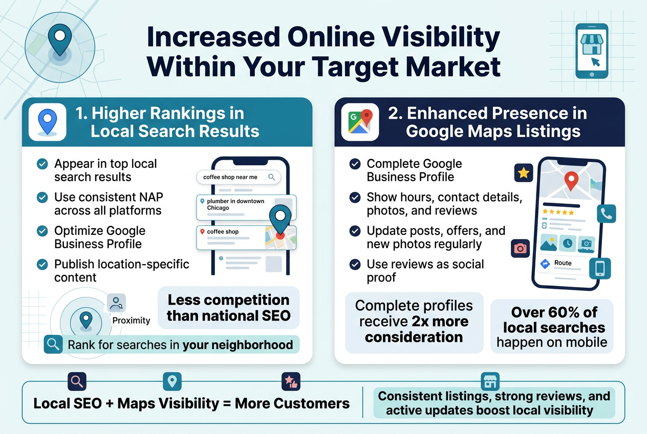 Full-bleed professional infographic in a clean modern flat vector style, aspect ratio 3:2, with a light background, blue and teal color palette, dark navy headings, white content cards, subtle map/grid accents, and clear sans-serif typography.

Top center large bold title text: "Increased Online Visibility Within Your Target Market"

Below the title, a wide two-column layout with two major sections side by side, each in a rounded white panel with colored header bars and matching icons.

LEFT SECTION HEADER: "1. Higher Rankings in Local Search Results"
- Place a blue location-pin icon next to the header.
- Include 4 short bullet points with small check icons:
  - "Appear in top local search results"
  - "Use consistent NAP across all platforms"
  - "Optimize Google Business Profile"
  - "Publish location-specific content"
- Add a small visual cluster showing a local search phone screen with results like "coffee shop near me" and "plumber in downtown Chicago" and a map pin highlighting a nearby business.
- Include a callout badge in the lower part of this section with bold text: "Less competition than national SEO"
- Include a smaller highlighted line: "Rank for searches in your neighborhood"
- Add a subtle proximity graphic with circles around a nearby business location and a searcher icon.

RIGHT SECTION HEADER: "2. Enhanced Presence in Google Maps Listings"
- Place a red map icon next to the header.
- Include 4 short bullet points with small check icons:
  - "Complete Google Business Profile"
  - "Show hours, contact details, photos, and reviews"
  - "Update posts, offers, and new photos regularly"
  - "Use reviews as social proof"
- Add a visual of a Google Maps-style business card on a smartphone, showing star ratings, hours, photos, and a route pin.
- Include a bold stat callout badge: "Complete profiles receive 2x more consideration"
- Include another bold stat callout badge: "Over 60% of local searches happen on mobile"
- Add small icons for stars, phone, camera, and mobile device.

Bottom band spanning the full width with a horizontal summary strip:
- Left side text: "Local SEO + Maps Visibility = More Customers"
- Right side text in a highlighted box: "Consistent listings, strong reviews, and active updates boost local visibility"
- Add small icons across the strip: search magnifier, map pin, star review, and storefront.

Use strong visual hierarchy: large title at top, numbered section headers, short bullet points, bold statistic badges, and supporting visuals. Keep text crisp, readable, and exactly as written.