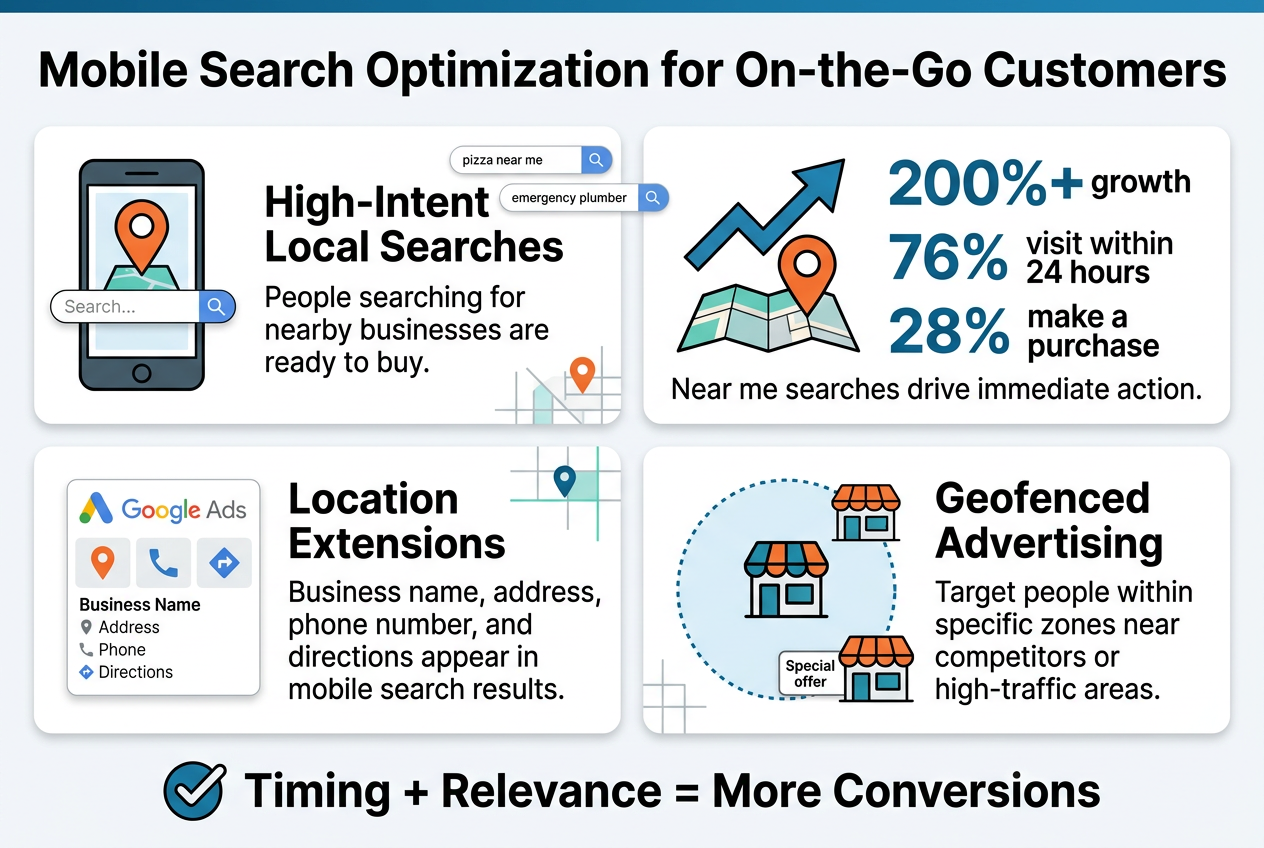 Create a clean, modern full-bleed infographic in a 3:2 aspect ratio with a professional tech-marketing style, using a white background with blue, teal, and orange accents, bold sans-serif fonts, and clear visual hierarchy.

Top header across the full width:
Title in large bold text: "Mobile Search Optimization for On-the-Go Customers"

Below the title, arrange the content in 4 wide horizontal sections or cards with icons, using a balanced multi-column layout, not a vertical stack.

Section 1 on the upper left:
A smartphone icon with a location pin and small search bar.
Heading: "High-Intent Local Searches"
Body text: "People searching for nearby businesses are ready to buy."
Include small search examples in a search bubble: "pizza near me" and "emergency plumber"

Section 2 on the upper right:
A rising arrow and map pin icon beside bold statistic callouts.
Show three large numeric stats:
"200%+ growth"
"76% visit within 24 hours"
"28% make a purchase"
Caption text: "Near me searches drive immediate action."

Section 3 on the lower left:
A Google Ads-style ad card with a map pin, phone icon, and directions arrow.
Heading: "Location Extensions"
Body text: "Business name, address, phone number, and directions appear in mobile search results."
Show a small sample ad layout with these visible labels: "Business Name", "Address", "Phone", "Directions"

Section 4 on the lower right:
A geofence graphic: a dotted circular boundary around a coffee shop icon and nearby competitor storefront icons.
Heading: "Geofenced Advertising"
Body text: "Target people within specific zones near competitors or high-traffic areas."
Add a small promo tag with text: "Special offer"

Add a bottom-wide banner with a checkmark icon and bold conclusion text:
"Timing + Relevance = More Conversions"

Use crisp infographic icons, subtle shadows, simple map/grid accents, and ample spacing. Keep all text sharp, legible, and limited to the exact phrases shown above.