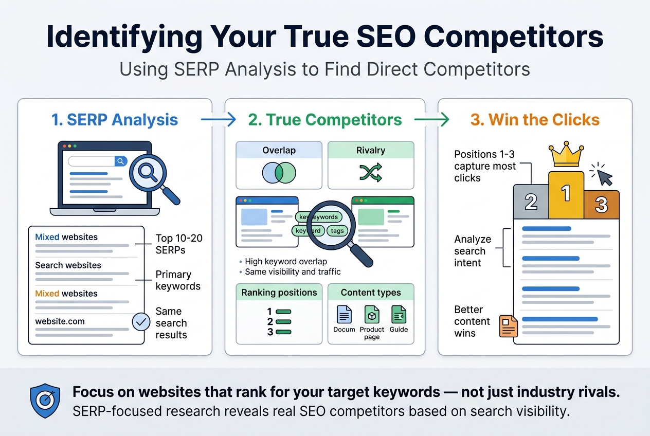 Create a clean professional infographic illustration in 3:2 aspect ratio, full-bleed wide layout with no frame, no inset margins, and a modern SEO/marketing style.

Top header across the full width: large bold title in dark navy text, "Identifying Your True SEO Competitors". Under it, a smaller subtitle in gray: "Using SERP Analysis to Find Direct Competitors".

Use a wide horizontal three-panel layout with connected flow arrows from left to right.

LEFT PANEL: a search engine results screen illustration with a laptop and magnifying glass icon. Add the heading "1. SERP Analysis" in blue. Show a list of search results with mixed websites. Include short label text beside the results: "Top 10-20 SERPs", "Primary keywords", "Same search results". Add a small checkmark icon near the results.

MIDDLE PANEL: a comparison grid with two website cards facing each other and a magnifying glass over overlapping keyword tags. Add the heading "2. True Competitors" in green. Include these labeled metric blocks with simple icons:
- "Overlap" with a Venn diagram icon
- "Rivalry" with crossed arrows icon
- "Ranking positions" with a numbered list icon
- "Content types" with document, product page, and guide icons
Include a small note under the cards: "High keyword overlap" and "Same visibility and traffic".

RIGHT PANEL: a ranking ladder or vertical search results stack with highlighted top positions 1, 2, and 3 in gold. Add the heading "3. Win the Clicks" in orange. Include text callouts:
- "Positions 1-3 capture most clicks"
- "Analyze search intent"
- "Better content wins"
Show icons of a crown, cursor click, and content document.

BOTTOM STRIP spanning full width: a clean summary banner with a shield or target icon and bold text: "Focus on websites that rank for your target keywords — not just industry rivals." Add smaller supporting text: "SERP-focused research reveals real SEO competitors based on search visibility."

Style: white background, navy, blue, green, and orange accents, subtle gray dividers, sans-serif fonts, crisp vector icons, balanced spacing, clear hierarchy, professional SaaS infographic look, flat design, high readability.