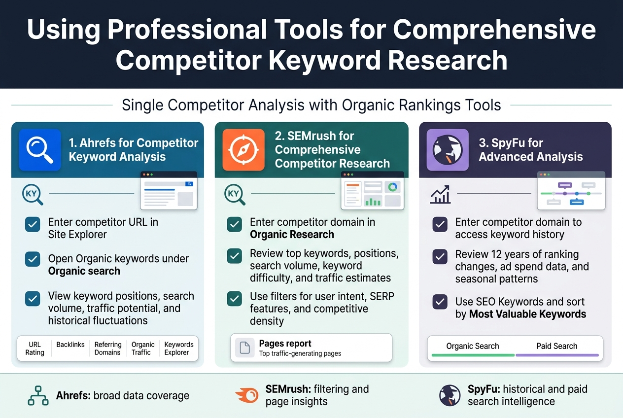 Create a clean professional infographic illustration in 3:2 aspect ratio with a full-bleed wide horizontal layout, no frame, no inset margins, and no narrow centered stack. Use a modern SEO/analytics style with dark navy, teal, blue, white, and subtle green accents, crisp sans-serif typography, strong hierarchy, and clear section dividers.

Top across the full width: a bold headline in large white text on a dark navy banner: "Using Professional Tools for Comprehensive Competitor Keyword Research"
Below the headline, a short subtitle in smaller light text: "Single Competitor Analysis with Organic Rankings Tools"

Main body arranged in three wide side-by-side sections across the page, each with a distinct colored header bar, a large tool icon, and numbered bullet points with small icons.

Left section:
Header text: "1. Ahrefs for Competitor Keyword Analysis"
Include a blue magnifying glass icon and a small browser window graphic.
Add 3 bullet blocks with check icons:
"Enter competitor URL in Site Explorer"
"Open Organic keywords under Organic search"
"View keyword positions, search volume, traffic potential, and historical fluctuations"
Add a small metrics strip at the bottom with labels: "URL Rating", "Backlinks", "Referring Domains", "Organic Traffic", "Keywords Explorer"

Center section:
Header text: "2. SEMrush for Comprehensive Competitor Research"
Include an orange compass-like icon and a dashboard graphic.
Add 3 bullet blocks with check icons:
"Enter competitor domain in Organic Research"
"Review top keywords, positions, search volume, keyword difficulty, and traffic estimates"
"Use filters for user intent, SERP features, and competitive density"
Add a small page card graphic labeled: "Pages report" with a tiny caption below: "Top traffic-generating pages"

Right section:
Header text: "3. SpyFu for Advanced Analysis"
Include a purple spy-glass icon and a timeline graphic.
Add 3 bullet blocks with check icons:
"Enter competitor domain to access keyword history"
"Review 12 years of ranking changes, ad spend data, and seasonal patterns"
"Use SEO Keywords and sort by Most Valuable Keywords"
Add a small split-data strip at the bottom labeled: "Organic Search" and "Paid Search"

Bottom full-width footer band with a simple comparison callout and three small icons aligned horizontally:
"Ahrefs: broad data coverage"
"SEMrush: filtering and page insights"
"SpyFu: historical and paid search intelligence"

Use clean grid alignment, subtle shadows, rounded cards, thin dividers, and high contrast text. Include small keyword, chart, and trend icons throughout. Keep all text sharp, legible, and exactly as written.