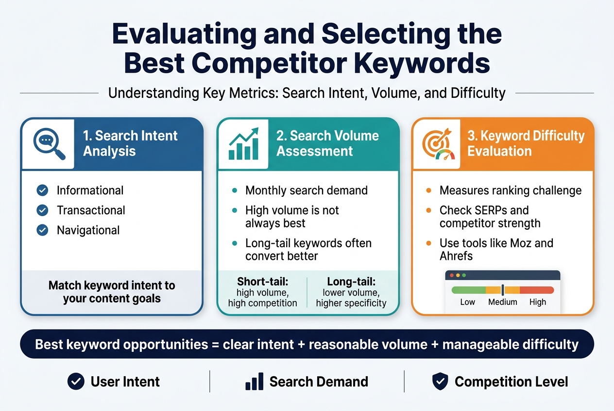 Create a clean professional SEO infographic in a full-bleed 3:2 landscape layout with a white background, deep blue and teal accents, and orange highlights. Use a modern sans-serif font with a bold top heading in dark navy.

Top center large title text: "Evaluating and Selecting the Best Competitor Keywords"

Directly beneath the title, add a thin subtitle line in smaller text: "Understanding Key Metrics: Search Intent, Volume, and Difficulty"

Arrange the main content in three wide horizontal columns across the middle, each inside a rounded rectangular block with a colored header bar and a matching icon:

Left column:
Header text: "1. Search Intent Analysis"
Icon: a blue magnifying glass over a speech bubble
Add 3 short bullet points with small check icons:
"Informational"
"Transactional"
"Navigational"
Include a small note box at the bottom of this column with bold text: "Match keyword intent to your content goals"

Center column:
Header text: "2. Search Volume Assessment"
Icon: a teal bar chart with an upward trend line
Add 3 short bullet points with small dots:
"Monthly search demand"
"High volume is not always best"
"Long-tail keywords often convert better"
Include a small comparison strip at the bottom with two mini labels:
"Short-tail: high volume, high competition"
"Long-tail: lower volume, higher specificity"

Right column:
Header text: "3. Keyword Difficulty Evaluation"
Icon: an orange target with a small gauge
Add 3 short bullet points:
"Measures ranking challenge"
"Check SERPs and competitor strength"
"Use tools like Moz and Ahrefs"
Include a small mini-dashboard graphic at the bottom with a simple difficulty meter labeled:
"Low" "Medium" "High"

Along the bottom, spanning the full width, add a highlighted summary band with a dark navy background and white text:
"Best keyword opportunities = clear intent + reasonable volume + manageable difficulty"

Below that summary band, add a final callout row with three small icon-and-label clusters separated by thin lines:
"User Intent" with a checkmark icon
"Search Demand" with a bar chart icon
"Competition Level" with a shield icon

Keep spacing balanced, use clean alignment, subtle shadows, and crisp vector-style infographic graphics. Avoid any clutter, diagonal layouts, or poster framing.
