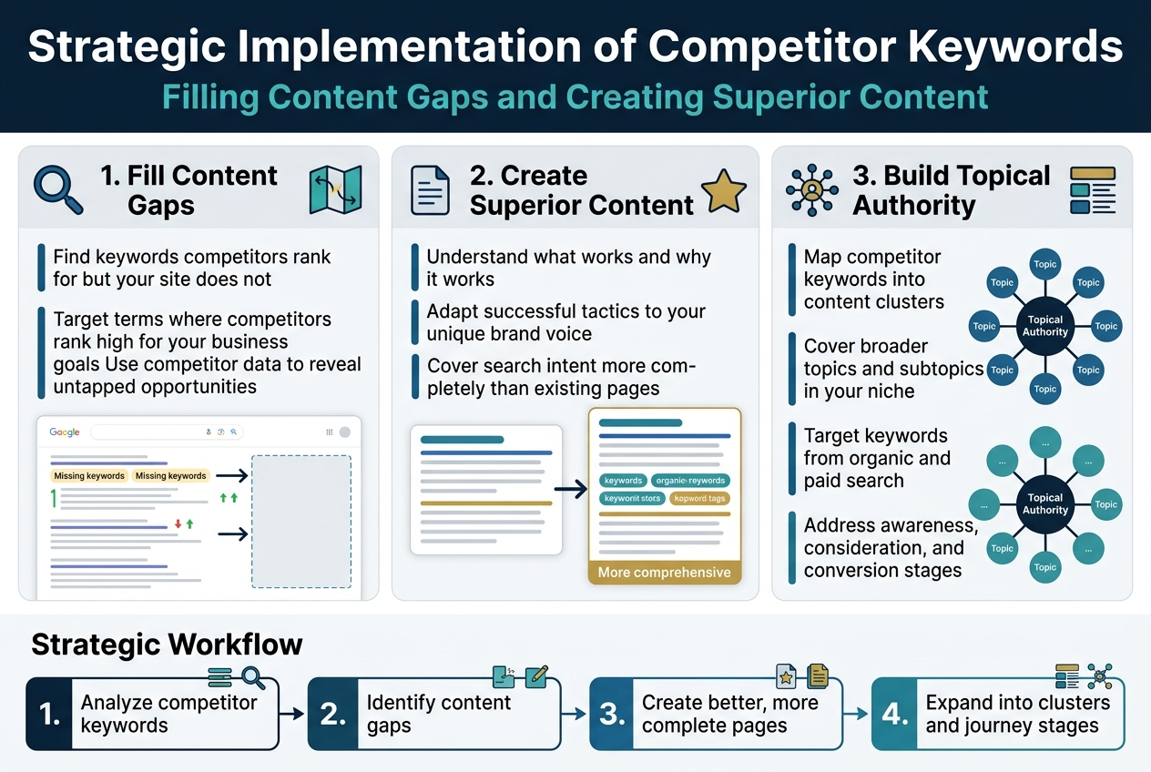 Create a clean, modern full-bleed infographic in a 3:2 aspect ratio with a professional SEO/marketing style. Use a white background with deep navy, teal, blue, and gold accents. Use bold sans-serif typography for headings and smaller readable sans-serif text for body copy. No frame, no poster border, no inset margins. Layout should be wide and horizontal with multiple content blocks, not a narrow centered stack.

Top full-width header bar: large bold title in dark navy text, “Strategic Implementation of Competitor Keywords”. Directly beneath it, smaller subtitle in teal: “Filling Content Gaps and Creating Superior Content”.

Main body split into two wide horizontal sections with clearly separated cards and icons.

LEFT SIDE SECTION HEADER:
“1. Fill Content Gaps”
Include a magnifying glass icon and a content gap map icon.
Show 3 bullet-style blocks:
- “Find keywords competitors rank for but your site does not”
- “Target terms where competitors rank high for your business goals”
- “Use competitor data to reveal untapped opportunities”
Add a simple visual of a search results page with highlighted missing keywords and arrows pointing to an empty content slot.

CENTER SECTION HEADER:
“2. Create Superior Content”
Include a document icon and a star icon.
Show 3 bullet-style blocks:
- “Understand what works and why it works”
- “Adapt successful tactics to your unique brand voice”
- “Cover search intent more completely than existing pages”
Add a visual comparison of two content cards, with the right card larger, richer, and marked “More comprehensive”.

RIGHT SIDE SECTION HEADER:
“3. Build Topical Authority”
Include a cluster/network icon and a stacked content blocks icon.
Show 4 bullet-style blocks:
- “Map competitor keywords into content clusters”
- “Cover broader topics and subtopics in your niche”
- “Target keywords from organic and paid search”
- “Address awareness, consideration, and conversion stages”
Add a hub-and-spoke diagram with interconnected topic nodes and a central hub labeled “Topical Authority”.

BOTTOM FULL-WIDTH STRIP:
Header: “Strategic Workflow”
Show a left-to-right numbered process with four steps in connected boxes and small icons:
1. “Analyze competitor keywords”
2. “Identify content gaps”
3. “Create better, more complete pages”
4. “Expand into clusters and journey stages”

Use clear visual hierarchy, bold section headers, short readable text, and clean spacing. Include small arrows connecting the workflow steps. Add subtle search/SEO visuals such as ranking arrows, keyword tags, and organic result cards. Keep the style crisp, businesslike, and highly legible.