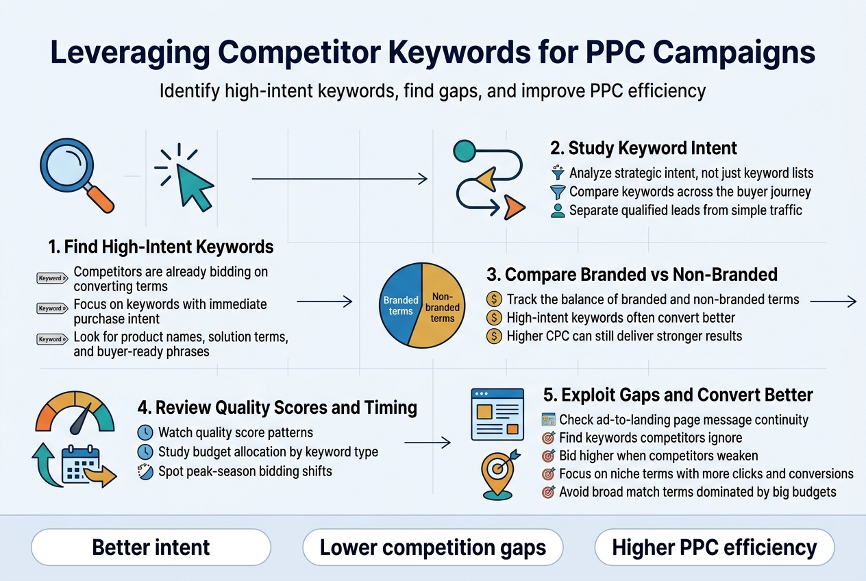 Create a clean, professional infographic illustration in a 3:2 aspect ratio with a full-bleed layout, no frame, no inset border, and a wide horizontal composition. Use a modern sans-serif font, bold navy title, white background with blue, teal, orange, and gold accents, subtle grid lines, and crisp flat vector icons.

Top center headline in large bold text: "Leveraging Competitor Keywords for PPC Campaigns"

Directly beneath the title, add a short subtitle in smaller text: "Identify high-intent keywords, find gaps, and improve PPC efficiency"

Use a 5-section horizontal infographic with evenly spaced blocks across the middle and lower area, each with a distinct icon and numbered label:

1. Left section with a magnifying glass icon and arrow-up click symbol:
Text title: "1. Find High-Intent Keywords"
Bullets:
"Competitors are already bidding on converting terms"
"Focus on keywords with immediate purchase intent"
"Look for product names, solution terms, and buyer-ready phrases"

2. Upper-middle section with a buyer journey path icon:
Text title: "2. Study Keyword Intent"
Bullets:
"Analyze strategic intent, not just keyword lists"
"Compare keywords across the buyer journey"
"Separate qualified leads from simple traffic"

3. Center-right section with a split circle icon showing branded vs non-branded:
Text title: "3. Compare Branded vs Non-Branded"
Bullets:
"Track the balance of branded and non-branded terms"
"High-intent keywords often convert better"
"Higher CPC can still deliver stronger results"

4. Lower-left section with a quality score gauge icon and calendar/seasonal arrow icon:
Text title: "4. Review Quality Scores and Timing"
Bullets:
"Watch quality score patterns"
"Study budget allocation by keyword type"
"Spot peak-season bidding shifts"

5. Lower-right section with a landing page icon and target marker icon:
Text title: "5. Exploit Gaps and Convert Better"
Bullets:
"Check ad-to-landing page message continuity"
"Find keywords competitors ignore"
"Bid higher when competitors weaken"
"Focus on niche terms with more clicks and conversions"
"Avoid broad match terms dominated by big budgets"

Add a bottom summary band spanning the full width with three bold callouts inside rounded boxes:
"Better intent"
"Lower competition gaps"
"Higher PPC efficiency"

Use simple arrows connecting the sections from left to right to show workflow progression. Add small icons next to each bullet group: keyword tag, funnel, dollar sign, clock, landing page, and bullseye. Keep text highly legible, balanced, and uncluttered, with strong visual hierarchy and generous spacing.