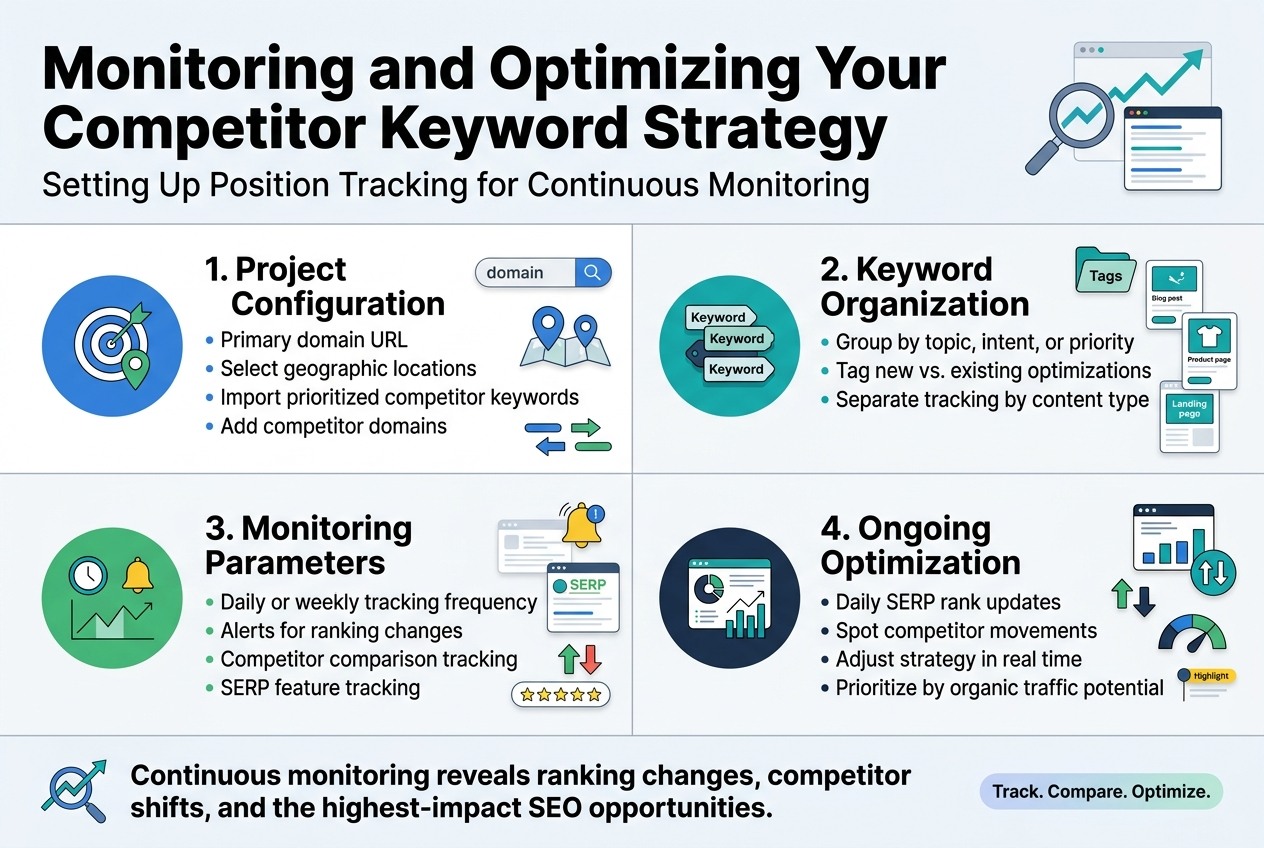 Create a clean, professional full-bleed infographic in a 3:2 aspect ratio with a modern SEO/analytics style, using a white background with blue, teal, dark navy, and green accents. Use bold sans-serif typography, strong visual hierarchy, and a wide horizontal layout with multiple sections instead of a narrow vertical stack.

Top header across the full width:
- Large bold title text: "Monitoring and Optimizing Your Competitor Keyword Strategy"
- Smaller subtitle beneath: "Setting Up Position Tracking for Continuous Monitoring"
- Add a subtle search analytics icon cluster on the right side of the header: magnifying glass, upward trend line, and SERP result cards.

Main content area divided into four wide horizontal panels or cards arranged in a 2x2 grid, each with a numbered circle, icon, and short text block.

Panel 1, upper left:
- Blue circular icon with a target and location pin
- Heading text: "1. Project Configuration"
- Bulleted lines:
  - "Primary domain URL"
  - "Select geographic locations"
  - "Import prioritized competitor keywords"
  - "Add competitor domains"
- Small visual elements: domain bar, map pins, and comparison arrows

Panel 2, upper right:
- Teal circular icon with stacked keyword tags
- Heading text: "2. Keyword Organization"
- Bulleted lines:
  - "Group by topic, intent, or priority"
  - "Tag new vs. existing optimizations"
  - "Separate tracking by content type"
- Small visual elements: folder tags, blog post card, product page card, landing page card

Panel 3, lower left:
- Green circular icon with a clock, bell, and line chart
- Heading text: "3. Monitoring Parameters"
- Bulleted lines:
  - "Daily or weekly tracking frequency"
  - "Alerts for ranking changes"
  - "Competitor comparison tracking"
  - "SERP feature tracking"
- Small visual elements: notification bell, SERP snippet card, rich result stars, upward/downward arrows

Panel 4, lower right:
- Dark navy circular icon with a dashboard and traffic graph
- Heading text: "4. Ongoing Optimization"
- Bulleted lines:
  - "Daily SERP rank updates"
  - "Spot competitor movements"
  - "Adjust strategy in real time"
  - "Prioritize by organic traffic potential"
- Small visual elements: dashboard screen, ranking arrows, traffic gauge, highlight markers

Bottom band across the full width:
- A wide summary strip with a small magnifying glass and chart icon on the left
- Bold text: "Continuous monitoring reveals ranking changes, competitor shifts, and the highest-impact SEO opportunities."
- Add a small footer callout in a colored pill on the right: "Track. Compare. Optimize."

Use subtle dividing lines, soft shadows, and clean spacing. Include only the exact text shown above. Ensure all elements are clearly legible, balanced, and aligned within a professional infographic layout.