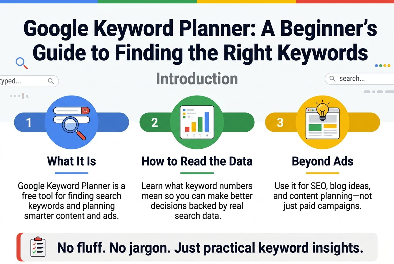 Create a full-bleed 3:2 infographic in a clean modern flat design, with a wide horizontal layout and no poster frame. Use a white background with Google-style colors: blue, green, yellow, and red accents. Use bold sans-serif typography, strong hierarchy, and plenty of open space.
Top across the full width: a large bold heading in dark navy text: "Google Keyword Planner: A Beginner's Guide to Finding the Right Keywords"
Directly below the heading, a smaller subtitle in gray: "Introduction"
Across the middle, arrange three wide horizontal sections in three columns with colored number badges and simple icons:
1. Left section: a blue circle icon with a magnifying glass and search bars. Title text: "What It Is"
Body text: "Google Keyword Planner is a free tool for finding search keywords and planning smarter content and ads."
2. Center section: a green circle icon with a bar chart and numbers. Title text: "How to Read the Data"
Body text: "Learn what keyword numbers mean so you can make better decisions backed by real search data."
3. Right section: a yellow circle icon with a lightbulb and content blocks. Title text: "Beyond Ads"
Body text: "Use it for SEO, blog ideas, and content planning—not just paid campaigns."
At the bottom, add a full-width highlighted banner with a red accent line and a small checklist icon on the left. Include this text in bold:
"No fluff. No jargon. Just practical keyword insights."
Add subtle decorative search-related symbols in the background: small magnifying glasses, typed query lines, and data dots, kept minimal and clean. Use a balanced, professional infographic style with clear spacing and aligned text blocks.