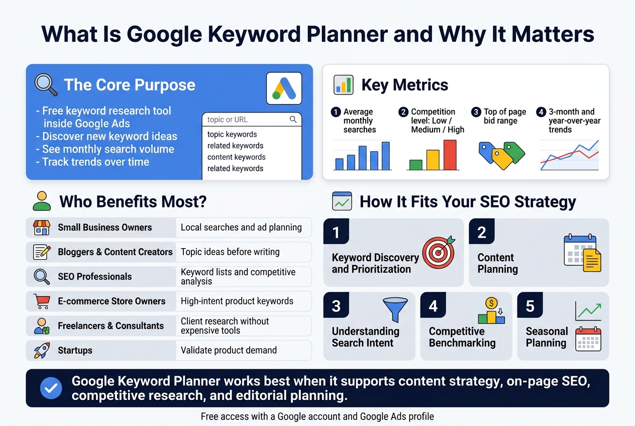 Create a clean, professional full-bleed infographic illustration in a wide 3:2 aspect ratio, with a modern flat design, white background, Google-style blue, green, yellow, and red accents, dark navy text, subtle gray dividers, and bold sans-serif typography. Place a large bold heading across the top center: "What Is Google Keyword Planner and Why It Matters".
Below the title, use a wide 2-column layout with clear section cards and icons.
LEFT TOP SECTION: a blue card titled "The Core Purpose" with a magnifying glass icon and a small Google Ads-style chart icon. Include short bullet text:
- "Free keyword research tool inside Google Ads"
- "Discover new keyword ideas"
- "See monthly search volume"
- "Track trends over time"
Add a small search bar illustration with "topic or URL" and a list of related keywords.
RIGHT TOP SECTION: a data dashboard card titled "Key Metrics" with four labeled mini-icons and simple chart visuals:
1. "Average monthly searches"
2. "Competition level: Low / Medium / High"
3. "Top of page bid range"
4. "3-month and year-over-year trends"
Show a bar chart, line trend graph, and bid tag symbols.
MIDDLE LEFT SECTION: a section titled "Who Benefits Most?" with six small stacked horizontal rows, each with a distinct icon:
- "Small Business Owners"
- "Bloggers & Content Creators"
- "SEO Professionals"
- "E-commerce Store Owners"
- "Freelancers & Consultants"
- "Startups"
Add short benefit text in smaller font beside each:
- "Local searches and ad planning"
- "Topic ideas before writing"
- "Keyword lists and competitive analysis"
- "High-intent product keywords"
- "Client research without expensive tools"
- "Validate product demand"
MIDDLE RIGHT SECTION: a section titled "How It Fits Your SEO Strategy" with five numbered blocks arranged horizontally or in a 2-row grid, each with a matching icon:
1. "Keyword Discovery and Prioritization" with a target icon
2. "Content Planning" with a calendar and document icon
3. "Understanding Search Intent" with a funnel icon
4. "Competitive Benchmarking" with a dollar sign and ranking icon
5. "Seasonal Planning" with a seasonal trend line and calendar icon
BOTTOM STRIP: a wide summary banner with a bold callout and checkmark icon. Include the text:
"Google Keyword Planner works best when it supports content strategy, on-page SEO, competitive research, and editorial planning."
Add a final short line beneath in smaller text:
"Free access with a Google account and Google Ads profile"
Use crisp spacing, aligned grid sections, subtle shadows, and clear hierarchy. Keep all text legible and minimal, with icon-led visual organization. Avoid dense paragraphs; use short labels, bullets, and numbered points only.