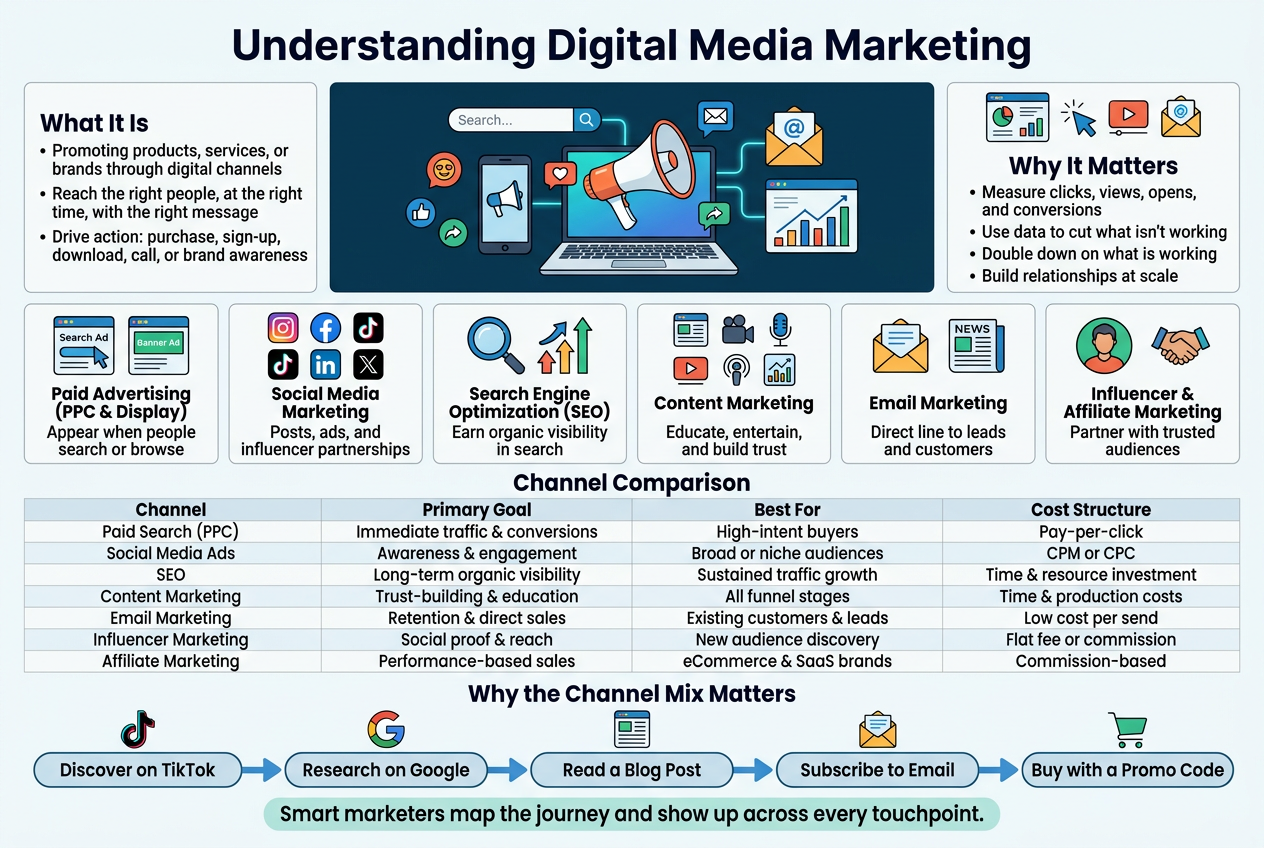 Create a clean, professional full-bleed infographic in a 3:2 aspect ratio, using a modern sans-serif font, dark navy text, white background, teal, blue, orange, and green accents. Place a bold large title at the top center: "Understanding Digital Media Marketing". Use a wide horizontal layout with multiple sections, not a narrow vertical poster.

Top section: a large hero block across the full width with a digital marketing illustration showing a laptop, smartphone, megaphone, social icons, search bar, email envelope, and analytics chart connected by glowing lines. Include a short definition box on the upper left with the heading "What It Is" and these bullet points:
"Promoting products, services, or brands through digital channels"
"Reach the right people, at the right time, with the right message"
"Drive action: purchase, sign-up, download, call, or brand awareness"

Upper right side: a measurement block with an icon of a dashboard, click cursor, video play button, and email open symbol. Heading: "Why It Matters". Include these short lines:
"Measure clicks, views, opens, and conversions"
"Use data to cut what isn't working"
"Double down on what is working"
"Build relationships at scale"

Middle section: a wide 2-row grid of 6 channel cards with colorful icons and short labels. Each card should have a bold heading and one-line description:
1. "Paid Advertising (PPC & Display)" — search ad icon and banner ad icon, text: "Appear when people search or browse"
2. "Social Media Marketing" — icons for Instagram, Facebook, TikTok, LinkedIn, X, text: "Posts, ads, and influencer partnerships"
3. "Search Engine Optimization (SEO)" — magnifying glass and ranking arrows, text: "Earn organic visibility in search"
4. "Content Marketing" — blog page, video camera, podcast mic, infographic icon, text: "Educate, entertain, and build trust"
5. "Email Marketing" — envelope and newsletter icon, text: "Direct line to leads and customers"
6. "Influencer & Affiliate Marketing" — creator avatar and handshake icon, text: "Partner with trusted audiences"

Lower middle section: a comparison table spanning the width of the infographic with a bold heading: "Channel Comparison". Use 4 columns labeled "Channel", "Primary Goal", "Best For", "Cost Structure". Include these rows exactly:
"Paid Search (PPC)" | "Immediate traffic & conversions" | "High-intent buyers" | "Pay-per-click"
"Social Media Ads" | "Awareness & engagement" | "Broad or niche audiences" | "CPM or CPC"
"SEO" | "Long-term organic visibility" | "Sustained traffic growth" | "Time & resource investment"
"Content Marketing" | "Trust-building & education" | "All funnel stages" | "Time & production costs"
"Email Marketing" | "Retention & direct sales" | "Existing customers & leads" | "Low cost per send"
"Influencer Marketing" | "Social proof & reach" | "New audience discovery" | "Flat fee or commission"
"Affiliate Marketing" | "Performance-based sales" | "eCommerce & SaaS brands" | "Commission-based"

Bottom section: a wide journey flow diagram with connected arrows from left to right, using icons for each stage. Heading: "Why the Channel Mix Matters". Show the customer journey in 5 connected steps with these exact labels inside rounded boxes:
"Discover on TikTok"
"Research on Google"
"Read a Blog Post"
"Subscribe to Email"
"Buy with a Promo Code"
Add a final sentence beneath the flow in a highlighted banner: "Smart marketers map the journey and show up across every touchpoint."

Use clean spacing, aligned boxes, subtle shadows, thin divider lines, and consistent icon style. Keep the design polished, readable, and balanced across the full width.