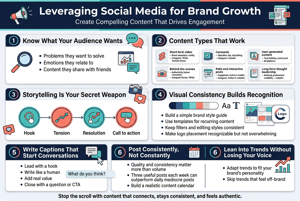 Create a clean, professional full-bleed infographic in 3:2 landscape format titled "Leveraging Social Media for Brand Growth" at the top in bold modern sans-serif white text on a dark navy header bar with teal and coral accents. Use a wide multi-section layout with clear hierarchy, crisp vector style, subtle gradients, and minimal shadows. Include social media-themed icons and illustrated symbols. Main color palette: navy, white, teal, coral, light gray.

Top section: large title centered across the width, with a subtitle beneath in smaller text: "Create Compelling Content That Drives Engagement". Add a small megaphone icon and scrolling feed icons near the title.

Below the header, arrange six wide horizontal content blocks in a 2-column grid, with numbered circles and icons in each block:

1. Left block titled "Know What Your Audience Wants" with a magnifying glass icon and speech bubbles. Include three short bullets:
"Problems they want to solve"
"Emotions they relate to"
"Content they share with friends"
Add a small analytics/chart and comment icon beside the bullets.

2. Right block titled "Content Types That Work" with a grid of six small icon cards: short-form video, carousel, UGC, behind-the-scenes, polls, long-form thought leadership. Under each icon, include these labels and platform notes in small text:
"Short-form video — Brand awareness, virality — Instagram, TikTok, YouTube Shorts"
"Carousels — Education, tips, storytelling — Instagram, LinkedIn"
"User-generated content — Trust building, social proof — All platforms"
"Behind-the-scenes — Authenticity, human connection — Instagram Stories, TikTok"
"Polls and interactive posts — Engagement, audience insights — Instagram, Twitter/X, LinkedIn"
"Long-form thought leadership — Authority, professional credibility — LinkedIn"

3. Left block titled "Storytelling Is Your Secret Weapon" with a story arc graphic showing four connected steps with icons: hook, tension, resolution, call to action. Include these labels exactly:
"Hook"
"Tension"
"Resolution"
"Call to action"
Add a small camera and heart icon near the block.

4. Right block titled "Visual Consistency Builds Recognition" with a cohesive brand palette strip, font samples, template thumbnails, and a logo icon. Include these bullets:
"Build a simple brand style guide"
"Use templates for recurring content"
"Keep filters and editing styles consistent"
"Make logo placement recognizable but not overwhelming"

Bottom section spans the full width and contains two large side-by-side blocks:

5. Left bottom block titled "Write Captions That Start Conversations" with a chat bubble icon and a cursor. Include these bullets:
"Lead with a hook"
"Write like a human"
"Add real value"
"Close with a question or CTA"
Show a highlighted caption line example: "What do you think?"

6. Right bottom block titled "Post Consistently, Not Constantly" and "Lean Into Trends Without Losing Your Voice" separated by a thin vertical divider. Use a calendar icon for consistency and a trend arrow / waveform icon for trends. Include these short lines:
"Quality and consistency matter more than volume"
"Three useful posts each week can outperform daily mediocre posts"
"Build a realistic content calendar"
"Adapt trends to fit your brand's personality"
"Skip trends that feel off-brand"

Add a small footer callout band across the bottom with a final emphasis line in bold:
"Stop the scroll with content that connects, stays consistent, and feels authentic."

Typography: bold for headings, clean readable sans-serif for body text, white text on dark panels, dark gray text on light panels. Use rounded rectangles for each section, clear spacing, and simple infographic icons. Ensure all text is fully legible and aligned in structured blocks, with no vertical poster layout.