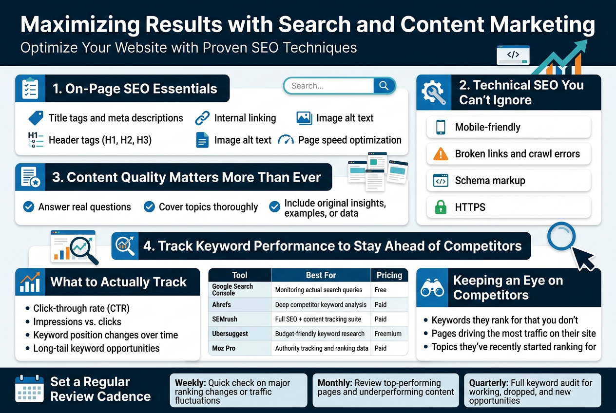 Create a clean, modern full-bleed infographic in a 3:2 aspect ratio, landscape layout, with a professional SEO/marketing theme. Use a white background with deep navy, teal, blue, and orange accents. Use bold sans-serif fonts for headings and smaller readable sans-serif body text. Avoid a vertical poster look; use wide horizontal sections and multi-column blocks.

Top header across the full width:
Large bold title text: "Maximizing Results with Search and Content Marketing"
Smaller subtitle below: "Optimize Your Website with Proven SEO Techniques"

Main layout: three wide horizontal content blocks stacked vertically, each with icon-led sub-sections.

SECTION 1 on the upper-left and upper-center:
Heading text: "1. On-Page SEO Essentials"
Use a blue checklist icon beside the heading.
Show five compact bullet items in two columns with small icons:
- "Title tags and meta descriptions" with a tag icon
- "Header tags (H1, H2, H3)" with a heading hierarchy icon
- "Internal linking" with a chain-link icon
- "Image alt text" with an image/file icon
- "Page speed optimization" with a speedometer icon

SECTION 2 on the upper-right and middle-right:
Heading text: "2. Technical SEO You Can't Ignore"
Use a gear and wrench icon beside the heading.
Show four bullet items in stacked cards:
- "Mobile-friendly" with a smartphone icon
- "Broken links and crawl errors" with a warning/link icon
- "Schema markup" with a code/brackets icon
- "HTTPS" with a padlock icon

SECTION 3 across the middle-left and center:
Heading text: "3. Content Quality Matters More Than Ever"
Use a document and star icon beside the heading.
Show three concise bullet items with check icons:
- "Answer real questions"
- "Cover topics thoroughly"
- "Include original insights, examples, or data"

Lower middle wide section with analytics visuals:
Heading text: "4. Track Keyword Performance to Stay Ahead of Competitors"
Use a magnifying glass over a chart icon.
Place a small comparison table styled as three columns with bold column headers:
"Tool" | "Best For" | "Pricing"
Rows:
"Google Search Console" | "Monitoring actual search queries" | "Free"
"Ahrefs" | "Deep competitor keyword analysis" | "Paid"
"SEMrush" | "Full SEO + content tracking suite" | "Paid"
"Ubersuggest" | "Budget-friendly keyword research" | "Freemium"
"Moz Pro" | "Authority tracking and ranking data" | "Paid"

Bottom wide section split into two panels:
Left panel heading: "What to Actually Track"
Use a chart icon and show four bullets:
- "Click-through rate (CTR)"
- "Impressions vs. clicks"
- "Keyword position changes over time"
- "Long-tail keyword opportunities"

Right panel heading: "Keeping an Eye on Competitors"
Use a binoculars icon and show three bullets:
- "Keywords they rank for that you don't"
- "Pages driving the most traffic on their site"
- "Topics they've recently started ranking for"

Bottom footer band across full width:
Heading text: "Set a Regular Review Cadence"
Use a calendar icon and three evenly spaced labeled blocks:
"Weekly: Quick check on major ranking changes or traffic fluctuations"
"Monthly: Review top-performing pages and underperforming content"
"Quarterly: Full keyword audit for working, dropped, and new opportunities"

Add subtle decorative SEO-themed graphics in the background: search bar, upward arrow chart, small web page cards, magnifying glass, and cursor pointer. Use clean spacing, crisp lines, strong visual hierarchy, and readable text throughout.