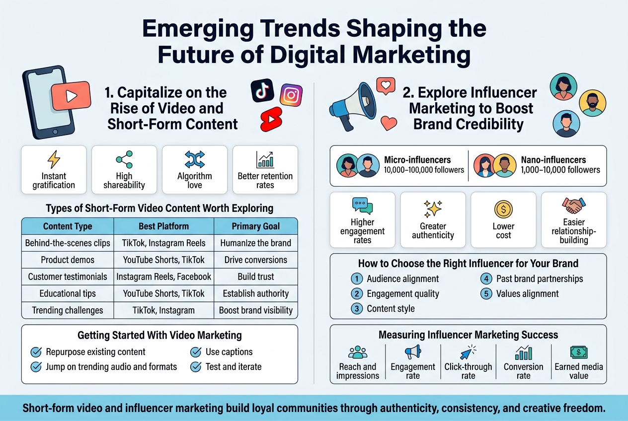 Create a clean, modern full-bleed infographic illustration in a 3:2 aspect ratio, with a white background, dark navy text, teal, blue, coral, and yellow accent colors, bold sans-serif headings, and smaller readable sans-serif body text. Use a wide horizontal layout with two main side-by-side sections and clear visual hierarchy.

Top center: large bold title in dark navy text:
"Emerging Trends Shaping the Future of Digital Marketing"

Below the title, divide the canvas into two large horizontal content blocks.

LEFT SECTION: "1. Capitalize on the Rise of Video and Short-Form Content"
Use a large smartphone, play-button, and social media style icons (TikTok, Instagram Reels, YouTube Shorts) near the heading. Add a short row of 4 icon-based benefit cards with simple symbols:
- Lightning icon with text: "Instant gratification"
- Share icon with text: "High shareability"
- Algorithm arrows icon with text: "Algorithm love"
- Retention chart icon with text: "Better retention rates"

Under that, include a compact 2-row grid labeled:
"Types of Short-Form Video Content Worth Exploring"
Columns: "Content Type | Best Platform | Primary Goal"
Rows:
"Behind-the-scenes clips | TikTok, Instagram Reels | Humanize the brand"
"Product demos | YouTube Shorts, TikTok | Drive conversions"
"Customer testimonials | Instagram Reels, Facebook | Build trust"
"Educational tips | YouTube Shorts, TikTok | Establish authority"
"Trending challenges | TikTok, Instagram | Boost brand visibility"

At the bottom of the left section, add a small checklist box titled:
"Getting Started With Video Marketing"
Use checkmark icons for each line:
- "Repurpose existing content"
- "Jump on trending audio and formats"
- "Use captions"
- "Test and iterate"

RIGHT SECTION: "2. Explore Influencer Marketing to Boost Brand Credibility"
Use a megaphone, heart, and creator avatar icons near the heading. Add a visual comparison strip showing small influencer avatars labeled:
"Micro-influencers 10,000–100,000 followers"
"Nano-influencers 1,000–10,000 followers"
Place four small benefit cards beneath with icons:
- Chat bubbles icon with text: "Higher engagement rates"
- Sparkle/star icon with text: "Greater authenticity"
- Coin icon with text: "Lower cost"
- Handshake icon with text: "Easier relationship-building"

Below that, include a checklist box titled:
"How to Choose the Right Influencer for Your Brand"
Use numbered circles 1–5 with these lines:
1. "Audience alignment"
2. "Engagement quality"
3. "Content style"
4. "Past brand partnerships"
5. "Values alignment"

At the bottom of the right section, add a 5-column metric bar with simple analytics icons and labels:
"Measuring Influencer Marketing Success"
- "Reach and impressions"
- "Engagement rate"
- "Click-through rate"
- "Conversion rate"
- "Earned media value"

Footer strip across the bottom in a contrasting light blue band with a bold concluding sentence:
"Short-form video and influencer marketing build loyal communities through authenticity, consistency, and creative freedom."

Use clear section dividers, rounded cards, subtle shadows, and evenly spaced elements. Keep the layout balanced, professional, and highly legible, with no extra text beyond the wording above.