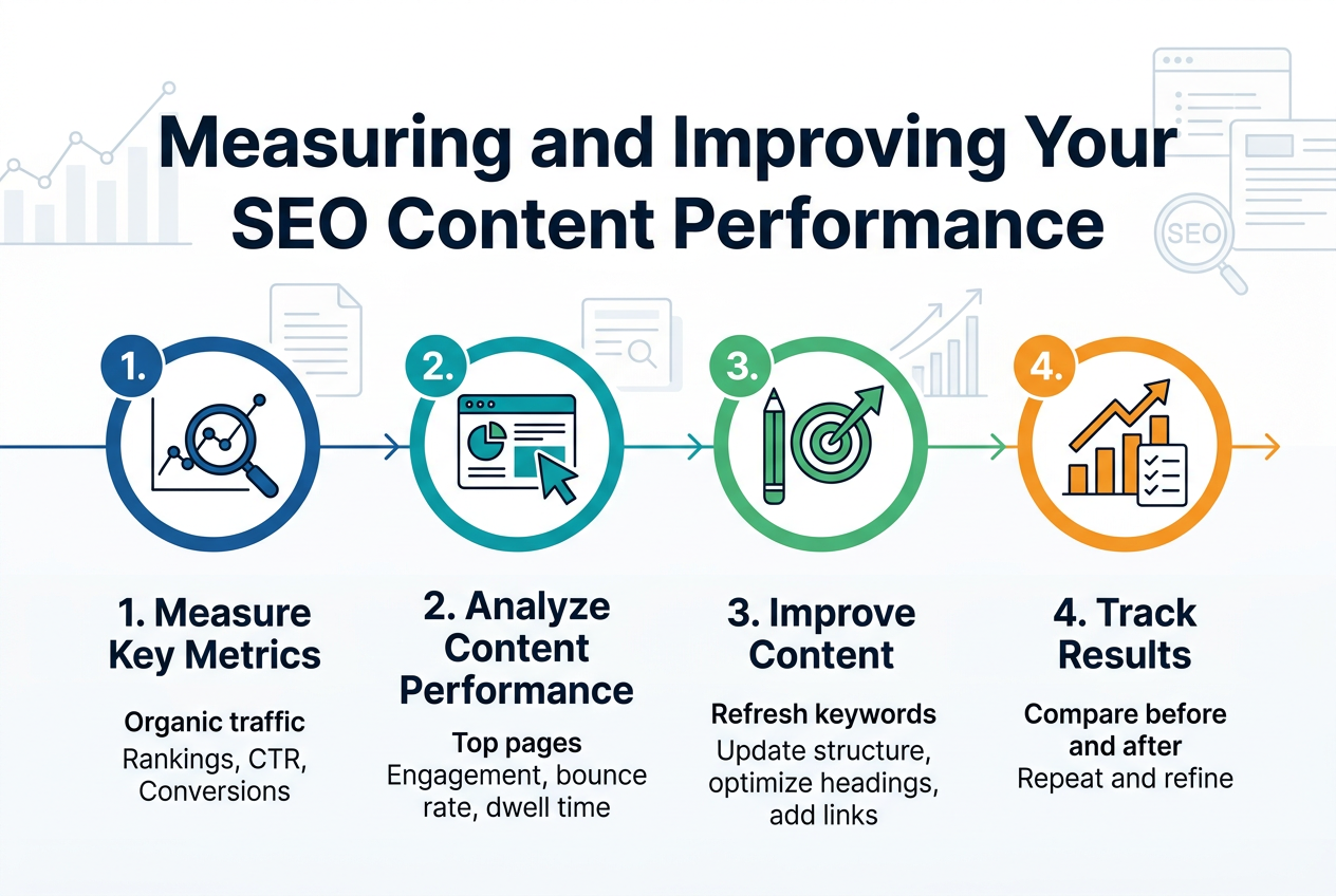 Full-bleed 3:2 infographic illustration in a clean modern corporate style, white background with deep blue, teal, green, and orange accents, sans-serif fonts, strong hierarchy.
Top center: large bold headline text: "Measuring and Improving Your SEO Content Performance"
Below the headline, across the width in four equal horizontal sections with numbered circles and simple icons:
1. Left section: blue circle icon with a line chart and magnifying glass. Title text: "1. Measure Key Metrics"
Small supporting text in two short lines: "Organic traffic" / "Rankings, CTR, Conversions"
2. Second section: teal circle icon with a dashboard and cursor. Title text: "2. Analyze Content Performance"
Small supporting text in two short lines: "Top pages" / "Engagement, bounce rate, dwell time"
3. Third section: green circle icon with a pencil, target, and upward arrow. Title text: "3. Improve Content"
Small supporting text in two short lines: "Refresh keywords" / "Update structure, optimize headings, add links"
4. Right section: orange circle icon with an upward trending bar chart and checklist. Title text: "4. Track Results"
Small supporting text in two short lines: "Compare before and after" / "Repeat and refine"
Connect the four sections with a thin horizontal arrow line from left to right. Add subtle chart lines, document shapes, and SEO symbols in the background. Use clear spacing, aligned blocks, and a polished infographic layout with no frame and no extra text.