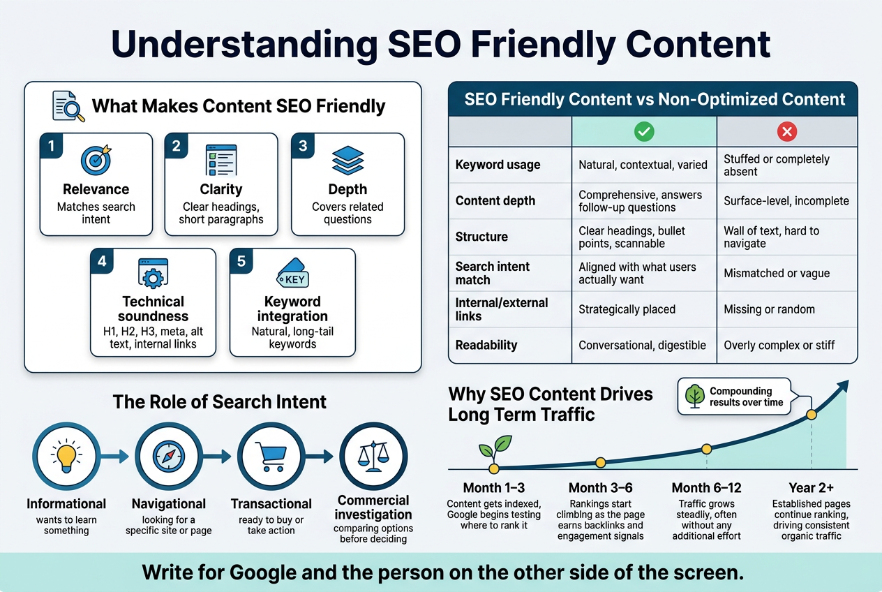Create a clean, modern infographic illustration in a 3:2 landscape aspect ratio, full-bleed edge-to-edge layout with no frame, no border, no inset margins. Use a professional SEO/marketing style with a white background, deep blue and teal accents, light gray section dividers, and small yellow highlight accents. Use bold sans-serif typography for headings and readable sans-serif body text.
Top center: large bold title in dark navy text: "Understanding SEO Friendly Content"
Below the title, use a wide horizontal two-column layout.
LEFT SIDE, upper section: a large box titled "What Makes Content SEO Friendly" with a small magnifying glass and document icon. Inside, show 5 stacked numbered cards with small blue icons:
1. "Relevance" — icon: target/checkmark
2. "Clarity" — icon: clean lines or organized checklist
3. "Depth" — icon: stacked layers or open book
4. "Technical soundness" — icon: gear and webpage structure
5. "Keyword integration" — icon: keyword tag
Each card should include a short one-line subtitle in smaller text:
- "Matches search intent"
- "Clear headings, short paragraphs"
- "Covers related questions"
- "H1, H2, H3, meta, alt text, internal links"
- "Natural, long-tail keywords"
RIGHT SIDE, upper section: a comparison table with a bold header bar titled "SEO Friendly Content vs Non-Optimized Content". Use two columns with green check icons on the left column and red X icons on the right column. Include these rows exactly:
"Keyword usage | Natural, contextual, varied | Stuffed or completely absent"
"Content depth | Comprehensive, answers follow-up questions | Surface-level, incomplete"
"Structure | Clear headings, bullet points, scannable | Wall of text, hard to navigate"
"Search intent match | Aligned with what users actually want | Mismatched or vague"
"Internal/external links | Strategically placed | Missing or random"
"Readability | Conversational, digestible | Overly complex or stiff"
Bottom left section: a horizontal flow diagram titled "The Role of Search Intent" with four circular icons connected by arrows:
- "Informational" with a lightbulb icon and small text: "wants to learn something"
- "Navigational" with a compass icon and small text: "looking for a specific site or page"
- "Transactional" with a shopping cart icon and small text: "ready to buy or take action"
- "Commercial investigation" with a comparison icon and small text: "comparing options before deciding"
Bottom center and bottom right section: a growth timeline titled "Why SEO Content Drives Long Term Traffic" with a seed-to-tree visual and a rising chart line. Include four milestone blocks across the bottom:
- "Month 1–3" — "Content gets indexed, Google begins testing where to rank it"
- "Month 3–6" — "Rankings start climbing as the page earns backlinks and engagement signals"
- "Month 6–12" — "Traffic grows steadily, often without any additional effort"
- "Year 2+" — "Established pages continue ranking, driving consistent organic traffic"
Add a small callout box near the timeline with a leaf/tree icon and the text: "Compounding results over time"
Bottom band across the full width: a concluding statement in a highlighted light teal strip with bold text:
"Write for Google and the person on the other side of the screen."
Use clear visual hierarchy, generous spacing, aligned blocks, subtle shadows, and clean infographic icons. No people, no photos, no watermark.