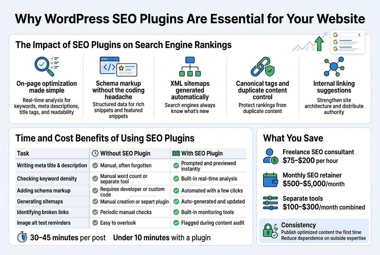 Create a full-bleed professional infographic in a 3:2 landscape aspect ratio, with a clean modern flat-design style, white background, blue and green accent colors, dark gray text, and bold sans-serif typography.
At the top, place a large bold headline centered across the width:
"Why WordPress SEO Plugins Are Essential for Your Website"
Below the headline, organize the infographic into two wide horizontal rows with clear section blocks and icons, not a narrow vertical poster.
TOP ROW: “The Impact of SEO Plugins on Search Engine Rankings”
Place this section title on the left in bold. Under it, show 5 evenly spaced feature blocks across the row, each with a distinct icon and short label text:
1. A magnifying glass and checklist icon with the text:
"On-page optimization made simple"
"Real-time analysis for keywords, meta descriptions, title tags, and readability"
2. A code/brackets and star snippet icon with the text:
"Schema markup without the coding headache"
"Structured data for rich snippets and featured snippets"
3. A sitemap/network icon with the text:
"XML sitemaps generated automatically"
"Search engines always know what’s new"
4. A chain-link and shield icon with the text:
"Canonical tags and duplicate content control"
"Protect rankings from duplicate content"
5. A connected nodes/internal links icon with the text:
"Internal linking suggestions"
"Strengthen site architecture and distribute authority"
Add a small upward ranking arrow and Google-style search result icons near this row, with subtle upward trend lines.
BOTTOM ROW: split into two large side-by-side blocks.
LEFT BLOCK title:
"Time and Cost Benefits of Using SEO Plugins"
Inside the left block, show a comparison table with two columns and clear row lines, using checkmarks and clock/money icons. Include this exact table text:
"Task" | "Without SEO Plugin" | "With SEO Plugin"
"Writing meta title & description" | "Manual, often forgotten" | "Prompted and previewed instantly"
"Checking keyword density" | "Manual word count or separate tool" | "Built-in real-time analysis"
"Adding schema markup" | "Requires developer or custom code" | "Automated with a few clicks"
"Generating sitemaps" | "Manual creation or separate plugin" | "Auto-generated and updated"
"Identifying broken links" | "Periodic manual checks" | "Built-in monitoring tools"
"Image alt text reminders" | "Easy to overlook" | "Flagged during content audit"
Below the table, add a small stopwatch icon with bold text:
"30–45 minutes per post"
"Under 10 minutes with a plugin"
RIGHT BLOCK title:
"What You Save"
Show 3 stacked cost-saving callouts with large icons:
- A freelancer icon with text:
"Freelance SEO consultant"
"$75–$200 per hour"
- A monthly calendar or wallet icon with text:
"Monthly SEO retainer"
"$500–$5,000/month"
- A tool stack icon with text:
"Separate tools"
"$100–$300/month combined"
At the bottom of the right block, add a highlighted note box with a lock and workflow icon:
"Consistency"
"Publish optimized content the first time"
"Reduce dependence on outside expertise"
Use clear section dividers, subtle shadows, and a balanced grid layout. Keep all text crisp and readable. Avoid decorative clutter. Make the infographic wide, structured, and easy to scan.
