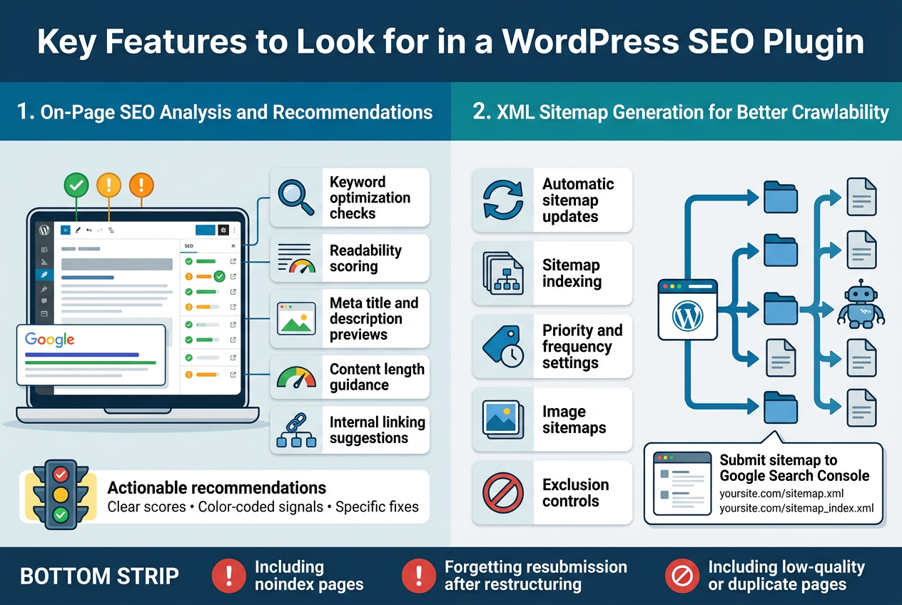 Create a clean, modern infographic illustration in a 3:2 aspect ratio, full-bleed layout, with a professional WordPress/SEO color palette of deep blue, teal, white, and light gray, accented with green, yellow, and red status colors. Use bold sans-serif typography with clear hierarchy.
Top banner across the full width with large bold title text: "Key Features to Look for in a WordPress SEO Plugin"
Below the title, split the canvas into two wide horizontal sections with strong visual separation.
LEFT SECTION: "1. On-Page SEO Analysis and Recommendations"
Place a laptop or browser window mockup at left-center showing a WordPress editor with SEO checklist panels, colored score indicators, and a snippet preview. Add small icons beside each item.
Include five stacked feature blocks with icons and short labels:
- A magnifying glass icon with a green check and orange warning markers, text: "Keyword optimization checks"
- A readability icon with lines of text and a score meter, text: "Readability scoring"
- A Google search result snippet preview card, text: "Meta title and description previews"
- A document length bar gauge, text: "Content length guidance"
- A chain link icon with connected page nodes, text: "Internal linking suggestions"
Add a small highlighted callout box beneath these blocks with a traffic-light checklist design and the text: "Actionable recommendations" and "Clear scores • Color-coded signals • Specific fixes"
RIGHT SECTION: "2. XML Sitemap Generation for Better Crawlability"
Place a site map flow diagram on the right side with a central website icon branching into multiple page nodes, plus a search engine crawler/bot icon moving along arrows. Use blue arrows and folder/file symbols.
Include five labeled feature blocks with icons:
- A circular refresh arrows icon, text: "Automatic sitemap updates"
- A stacked sitemap files icon, text: "Sitemap indexing"
- A priority tag and frequency clock icon, text: "Priority and frequency settings"
- An image/photo icon, text: "Image sitemaps"
- A no-entry exclusion icon, text: "Exclusion controls"
Add a small callout box near the bottom right with a Search Console style panel and the text: "Submit sitemap to Google Search Console" and "yoursite.com/sitemap.xml" and "yoursite.com/sitemap_index.xml"
BOTTOM STRIP across the full width with a warning/avoid section using red accent icons and three concise mistake labels:
- "Including noindex pages"
- "Forgetting resubmission after restructuring"
- "Including low-quality or duplicate pages"
Use neat alignment, strong spacing, subtle shadows, and infographic-style icons. Keep the layout wide and balanced, not vertically stacked.