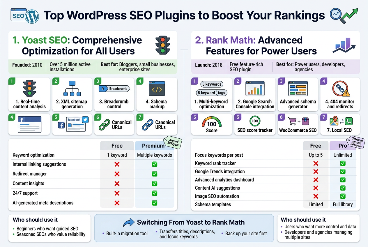 Create a clean, modern, full-bleed infographic in 3:2 aspect ratio with a professional WordPress SEO theme, white background with blue, green, orange, and dark gray accents, crisp sans-serif typography, subtle shadows, and clear section dividers.
Top header across the full width: bold title text in dark navy, "Top WordPress SEO Plugins to Boost Your Rankings". Add small SEO/WordPress icons near the title: a WordPress logo, a magnifying glass, and a rising chart arrow.
Layout: a wide two-column comparison infographic with a central divider. Left column for Yoast SEO, right column for Rank Math. Use card-style blocks with icons and short bullet points. Include numbered section labels and visually distinct feature icons.
Left column header: "1. Yoast SEO: Comprehensive Optimization for All Users" in green and navy. Include a green traffic-light icon beside the heading.
Under it, place a short highlight strip with these exact facts:
"Founded: 2010"
"Over 5 million active installations"
"Best for: Bloggers, small businesses, enterprise sites"
Below that, add a 6-item feature grid with small icons:
1. "Real-time content analysis" with a traffic light indicator icon in green, orange, red
2. "XML sitemap generation" with a sitemap/network icon
3. "Breadcrumb control" with a breadcrumb trail icon
4. "Schema markup" with a code/structured data icon
5. "Social media previews" with Facebook and Twitter-style preview cards
6. "Canonical URLs" with linked chain icon
Add a small comparison table card beneath Yoast with two columns labeled "Free" and "Premium" and these rows:
"Keyword optimization" — "1 keyword" | "Multiple keywords"
"Internal linking suggestions" — "❌" | "✅"
"Redirect manager" — "❌" | "✅"
"Content insights" — "❌" | "✅"
"24/7 support" — "❌" | "✅"
"AI-generated meta descriptions" — "❌" | "✅"
Include a small price tag label near Premium: "Around $99/year"
Add a bottom note card in the left column with the heading "Who should use it" and the text:
"Beginners who want guided SEO"
"Seasoned SEOs who value reliability"
Right column header: "2. Rank Math: Advanced Features for Power Users" in purple and navy. Include a modern analytics/dashboard icon beside the heading.
Under it, place a short highlight strip with these exact facts:
"Launch: 2018"
"Free feature-rich SEO plugin"
"Best for: Power users, developers, agencies"
Below that, add a 7-item feature grid with icons:
1. "Multi-keyword optimization" with five keyword tags icon
2. "Google Search Console integration" with analytics chart icon
3. "Advanced schema generator" with schema blocks icon
4. "404 monitor and redirects" with broken link warning icon
5. "SEO score tracker" with a circular score gauge showing "100"
6. "WooCommerce SEO" with shopping cart/product icon
7. "Local SEO" with map pin, phone, and location card icon
Add a comparison table card beneath Rank Math with two columns labeled "Free" and "Pro" and these rows:
"Focus keywords per post" — "Up to 5" | "Unlimited"
"Keyword rank tracker" — "❌" | "✅"
"Google Trends integration" — "❌" | "✅"
"Advanced analytics dashboard" — "❌" | "✅"
"Content AI suggestions" — "❌" | "✅"
"Image SEO automation" — "❌" | "✅"
"Schema templates" — "Limited" | "Full library"
Include a small price tag label near Pro: "Starts at around $69/year"
Add a bottom note card in the right column with the heading "Who should use it" and the text:
"Users who want more control and data"
"Developers and agencies managing multiple sites"
Across the bottom of the infographic, add a wide horizontal banner titled "Switching From Yoast to Rank Math" with a migration arrow icon. Include these exact points in three small steps:
"Built-in migration tool"
"Transfers titles, descriptions, and focus keywords"
"Back up your site first"
Use strong visual hierarchy with larger headings, medium subheadings, and smaller body text. Keep the layout balanced, spacious, and easy to scan. Avoid clutter. Use clean vector-style icons, neat alignment, and bold color-coded feature markers.
