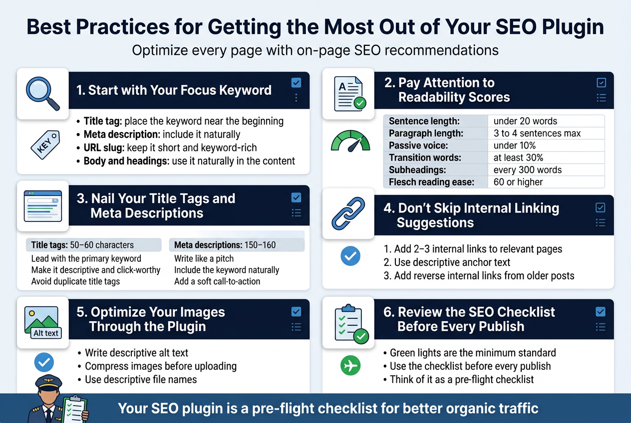 Create a clean, professional full-bleed infographic in 3:2 landscape ratio with a modern WordPress SEO theme, white background, blue and green accents, dark navy headings, light gray section dividers, and simple flat vector icons. Use a bold sans-serif title at the top:
"Best Practices for Getting the Most Out of Your SEO Plugin"
Place a short subtitle below the title in smaller text:
"Optimize every page with on-page SEO recommendations"
Arrange the content in six wide horizontal sections or two-column blocks across the canvas, not a narrow vertical poster. Use numbered labels, checkmark icons, and small UI-style symbols beside each section.
Section 1 at upper left with a magnifying glass icon and a keyword tag icon:
"1. Start with Your Focus Keyword"
Include four short bullets:
"• Title tag: place the keyword near the beginning"
"• Meta description: include it naturally"
"• URL slug: keep it short and keyword-rich"
"• Body and headings: use it naturally in the content"
Section 2 at upper right with a readable document icon and a green score gauge:
"2. Pay Attention to Readability Scores"
Include a small table-style block with these rows:
"Sentence length: under 20 words"
"Paragraph length: 3 to 4 sentences max"
"Passive voice: under 10%"
"Transition words: at least 30%"
"Subheadings: every 300 words"
"Flesch reading ease: 60 or higher"
Section 3 in the middle left with a search result snippet icon:
"3. Nail Your Title Tags and Meta Descriptions"
Add two labeled mini blocks:
"Title tags: 50–60 characters"
"Lead with the primary keyword"
"Make it descriptive and click-worthy"
"Avoid duplicate title tags"
"Meta descriptions: 150–160 characters"
"Write like a pitch"
"Include the keyword naturally"
"Add a soft call-to-action"
Section 4 in the middle right with a chain link icon:
"4. Don't Skip Internal Linking Suggestions"
Add three numbered bullets:
"1. Add 2–3 internal links to relevant pages"
"2. Use descriptive anchor text"
"3. Add reverse internal links from older posts"
Section 5 in the lower left with an image thumbnail icon and alt text label:
"5. Optimize Your Images Through the Plugin"
Add three bullets:
"• Write descriptive alt text"
"• Compress images before uploading"
"• Use descriptive file names"
Section 6 in the lower right with a checklist icon and a green pre-flight symbol:
"6. Review the SEO Checklist Before Every Publish"
Add a short concluding block:
"Green lights are the minimum standard"
"Use the checklist before every publish"
"Think of it as a pre-flight checklist"
Add a bottom-wide callout banner with a pilot/checklist illustration and bold text:
"Your SEO plugin is a pre-flight checklist for better organic traffic"
Use clear visual hierarchy, bold section numbers, subtle shadows on section cards, and consistent icon style. Keep all text legible, evenly spaced, and aligned for a polished editorial infographic look.