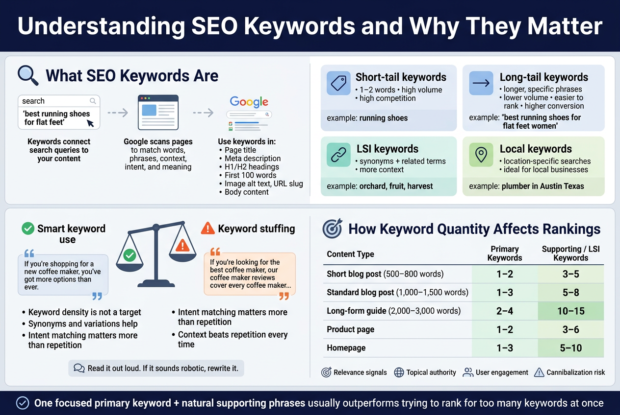 Create a clean, professional SEO infographic in a 3:2 landscape aspect ratio, full-bleed layout, no poster frame, no inset margins, wide horizontal sections, modern flat vector style, crisp typography, light background with white and pale gray panels, blue and green accent colors, orange warning accents, dark navy title text, sans-serif font hierarchy.
Top full-width header bar with large bold title text: "Understanding SEO Keywords and Why They Matter"
Below the title, divide the infographic into 4 wide horizontal sections with icons and clear labels:
1) Left-aligned section title with a magnifying glass icon and the heading: "What SEO Keywords Are"
Include a simple flow graphic showing: a search box with the text "best running shoes for flat feet" → arrows → a webpage icon → arrows → Google search results icons.
Add short callout text blocks:
- "Keywords connect search queries to your content"
- "Google scans pages to match words, phrases, context, intent, and meaning"
- "Use keywords in: Page title, Meta description, H1/H2 headings, First 100 words, Image alt text, URL slug, Body content"
2) Center section with a grid of 4 keyword types, each in its own colored card with icon:
- Card 1 with a short tag icon and text: "Short-tail keywords" and "1–2 words • high volume • high competition" with example: "running shoes"
- Card 2 with a long arrow icon and text: "Long-tail keywords" and "longer, specific phrases • lower volume • easier to rank • higher conversion" with example: "best running shoes for flat feet women"
- Card 3 with a related-links icon and text: "LSI keywords" and "synonyms + related terms • more context" with example: "orchard, fruit, harvest"
- Card 4 with a location pin icon and text: "Local keywords" and "location-specific searches • ideal for local businesses" with example: "plumber in Austin Texas"
3) Wide section with a simple comparison graphic showing a balanced scale:
Left side green check icon and text: "Smart keyword use"
Right side red warning icon and text: "Keyword stuffing"
Under each side, include two short example quote boxes:
Smart side quote: "If you're shopping for a new coffee maker, you've got more options than ever."
Stuffed side quote: "If you're looking for the best coffee maker, our coffee maker reviews cover every coffee maker..."
Add bullet points beneath:
- "Keyword density is not a target"
- "Synonyms and variations help"
- "Intent matching matters more than repetition"
- "Context beats repetition every time"
Add a small note with a speech bubble icon: "Read it out loud. If it sounds robotic, rewrite it."
4) Bottom wide section titled with a target icon: "How Keyword Quantity Affects Rankings"
Place a clean horizontal table or infographic row with 5 content types and two numeric columns:
- "Short blog post (500–800 words)" | "1–2" | "3–5"
- "Standard blog post (1,000–1,500 words)" | "1–3" | "5–8"
- "Long-form guide (2,000–3,000 words)" | "2–4" | "10–15"
- "Product page" | "1–2" | "3–6"
- "Homepage" | "1–3" | "5–10"
Column labels: "Content Type", "Primary Keywords", "Supporting / LSI Keywords"
Add four small icons and labels under the table:
- "Relevance signals"
- "Topical authority"
- "User engagement"
- "Cannibalization risk"
Include a bold final takeaway banner across the bottom with a checkmark icon and the text: "One focused primary keyword + natural supporting phrases usually outperforms trying to rank for too many keywords at once"
Use clear section dividers, ample spacing, strong visual hierarchy, and readable text. No people. No 3D objects. No clutter.