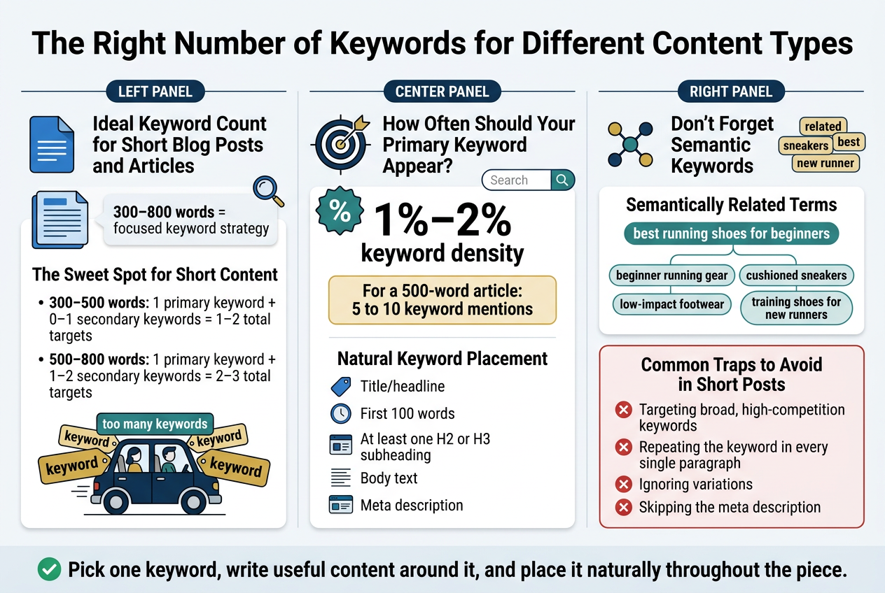Create a full-bleed 3:2 infographic illustration in a clean modern SEO/marketing style, with a white background, deep navy and teal accents, gold highlight color, and crisp sans-serif fonts. Use a wide horizontal layout with multiple sections, not a narrow vertical poster. Place a bold title across the top: “The Right Number of Keywords for Different Content Types”.
Below the title, divide the infographic into three wide horizontal panels across the canvas:
LEFT PANEL: “Ideal Keyword Count for Short Blog Posts and Articles”
Use a blue document icon and a small magnifying glass icon. Include a short callout box with the text: “300–800 words = focused keyword strategy”. Add a bold subtitle: “The Sweet Spot for Short Content”. Add a concise bullet block with these exact lines:
• “300–500 words: 1 primary keyword + 0–1 secondary keywords = 1–2 total targets”
• “500–800 words: 1 primary keyword + 1–2 secondary keywords = 2–3 total targets”
Show a small visual of a tight car with only two seats and oversized keyword tags around it to suggest “too many keywords” does not fit.
CENTER PANEL: “How Often Should Your Primary Keyword Appear?”
Use a target icon, a percentage badge, and a search bar icon. Show a large bold number: “1%–2% keyword density”. Under it, include a highlighted example box with the exact text: “For a 500-word article: 5 to 10 keyword mentions”. Add a checklist titled “Natural Keyword Placement” with these exact bullets:
• “Title/headline”
• “First 100 words”
• “At least one H2 or H3 subheading”
• “Body text”
• “Meta description”
Use small icons beside each bullet: title tag, clock, heading block, paragraph lines, and meta tag card.
RIGHT PANEL: “Don’t Forget Semantic Keywords”
Use a linked-nodes icon and a small cluster of related-word tags. Add a heading: “Semantically Related Terms”. Include a sample keyword in a colored pill: “best running shoes for beginners”. Under it, show four smaller connected pills with these exact phrases:
• “beginner running gear”
• “cushioned sneakers”
• “low-impact footwear”
• “training shoes for new runners”
Below that, add a warning box titled “Common Traps to Avoid in Short Posts” with four red X icons and these exact bullets:
• “Targeting broad, high-competition keywords”
• “Repeating the keyword in every single paragraph”
• “Ignoring variations”
• “Skipping the meta description”
Along the bottom spanning the full width, add a final takeaway banner with a green checkmark icon and the exact text: “Pick one keyword, write useful content around it, and place it naturally throughout the piece.”
Use clear section headers, subtle dividers, light shadowed cards, and strong visual hierarchy. Keep all text sharp and readable. No borders outside the full-bleed composition.