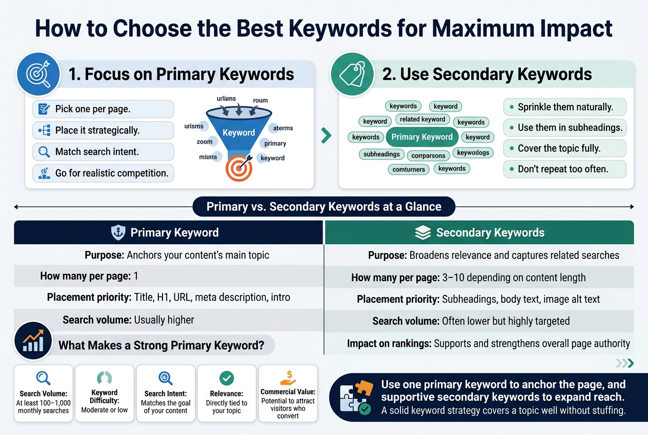 Aspect ratio 3:2, full-bleed professional infographic with a clean modern SEO/marketing style, white background with deep navy, teal, blue, and orange accents, crisp sans-serif fonts, bold hierarchy, subtle geometric shapes and arrows, wide horizontal layout with 3 main content zones across the canvas.
Top center: large bold title in dark navy text, exact wording: "How to Choose the Best Keywords for Maximum Impact"
Upper left wide block with a blue circular icon of a target and magnifying glass, heading: "1. Focus on Primary Keywords" in bold. Under it, four short numbered points in clean rounded boxes with small icons:
"Pick one per page."
"Place it strategically."
"Match search intent."
"Go for realistic competition."
Include a small funnel/target visual beside the points showing one large central keyword surrounded by smaller orbiting terms.
Upper middle/right block with a green circular icon of linked tags, heading: "2. Use Secondary Keywords" in bold. Show a cluster of related keyword tags around a central primary keyword bubble. Include four short points in bullet cards:
"Sprinkle them naturally."
"Use them in subheadings."
"Cover the topic fully."
"Don't repeat too often."
Center wide comparison section split into two columns with a clear label bar: "Primary vs. Secondary Keywords at a Glance"
Left column labeled "Primary Keyword" with a shield/anchor icon and these rows:
"Purpose: Anchors your content's main topic"
"How many per page: 1"
"Placement priority: Title, H1, URL, meta description, intro"
"Search volume: Usually higher"
"Impact on rankings: Core ranking signal"
Right column labeled "Secondary Keywords" with a stacked tag icon and these rows:
"Purpose: Broadens relevance and captures related searches"
"How many per page: 3–10 depending on content length"
"Placement priority: Subheadings, body text, image alt text"
"Search volume: Often lower but highly targeted"
"Impact on rankings: Supports and strengthens overall page authority"
Use alternating light gray row shading and clear divider lines.
Lower left small block with an upward trend chart icon and heading: "What Makes a Strong Primary Keyword?" Show five compact metric tiles with simple icons:
"Search Volume: At least 100–1,000 monthly searches"
"Keyword Difficulty: Moderate or low"
"Search Intent: Matches the goal of your content"
"Relevance: Directly tied to your topic"
"Commercial Value: Potential to attract visitors who convert"
Lower right concluding banner with an icon of a puzzle piece and checkmark, exact text in bold:
"Use one primary keyword to anchor the page, and supportive secondary keywords to expand reach."
Below it, smaller text:
"A solid keyword strategy covers a topic well without stuffing."
Use clear visual hierarchy, strong spacing, aligned grids, clean professional infographic composition, no photo elements, no 3D render, no poster frame, no narrow centered vertical stack.