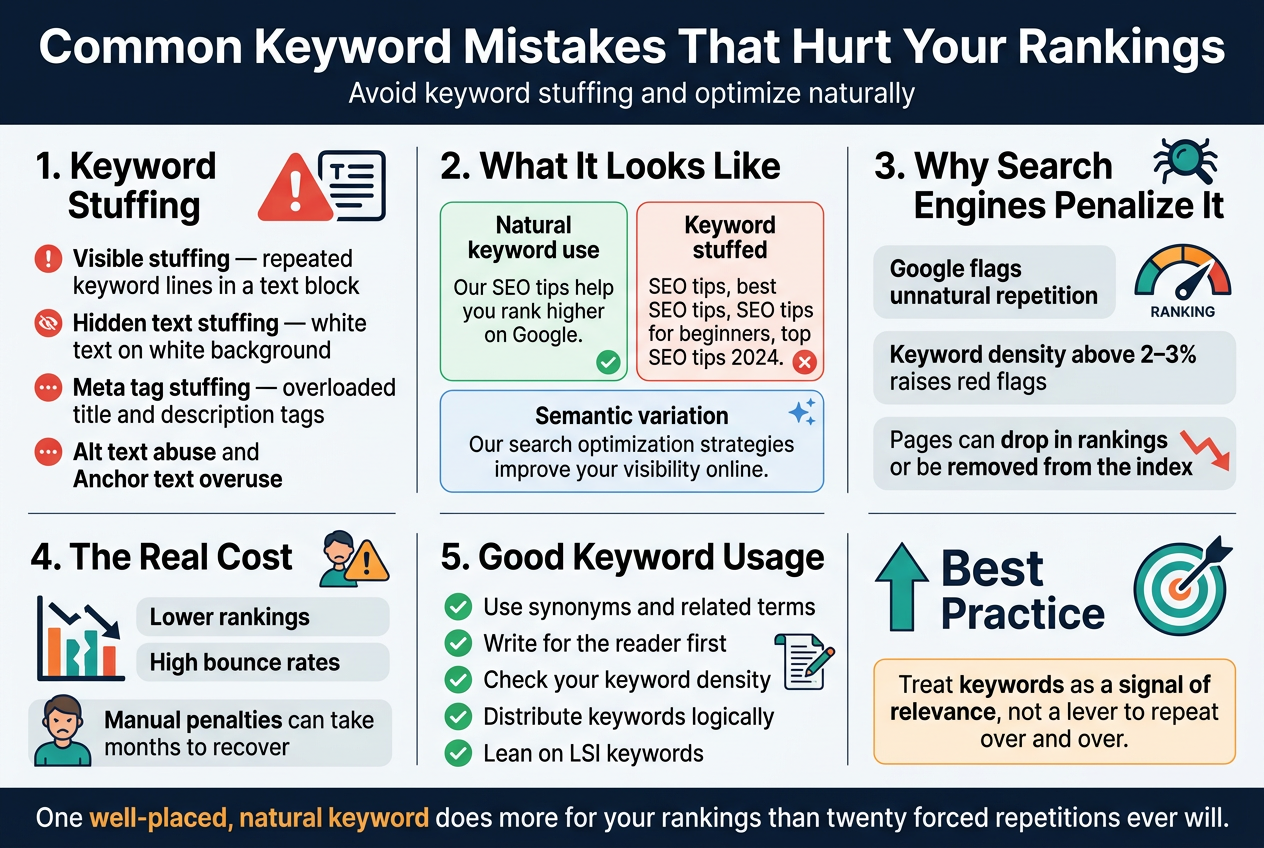 3:2 aspect ratio, full-bleed professional SEO infographic, clean modern vector style, white background with dark navy, teal, and orange accent colors, bold sans-serif typography, strong visual hierarchy, wide horizontal layout with multiple sections and icons, no frame, no inset border, no narrow centered stack.
Top banner across full width:
Large bold title text: "Common Keyword Mistakes That Hurt Your Rankings"
Subtitle in smaller text: "Avoid keyword stuffing and optimize naturally"
Main layout in 3 wide columns and 2 horizontal rows:
LEFT COLUMN, top section:
Heading text: "1. Keyword Stuffing"
Large warning icon: red alert triangle beside a paragraph icon
Three bullet points with small red icons:
"Visible stuffing" — repeated keyword lines in a text block
"Hidden text stuffing" — white text on white background
"Meta tag stuffing" — overloaded title and description tags
Bottom bullet:
"Alt text abuse" and "Anchor text overuse"
CENTER COLUMN, top section:
Heading text: "2. What It Looks Like"
A side-by-side comparison card with two text boxes:
Left box label: "Natural keyword use"
Example text: "Our SEO tips help you rank higher on Google."
Small green check icon
Right box label: "Keyword stuffed"
Example text: "SEO tips, best SEO tips, SEO tips for beginners, top SEO tips 2024."
Small red X icon
Below both boxes, a third line:
"Semantic variation"
Example text: "Our search optimization strategies improve your visibility online."
Small blue sparkle icon
RIGHT COLUMN, top section:
Heading text: "3. Why Search Engines Penalize It"
Large search engine crawler icon and speedometer/ranking icon
Three stacked short callouts:
"Google flags unnatural repetition"
"Keyword density above 2–3% raises red flags"
"Pages can drop in rankings or be removed from the index"
Add a small downward ranking arrow graphic beside the text
BOTTOM LEFT section:
Heading text: "4. The Real Cost"
Use a broken chart icon and a frustrated user icon
Two short blocks:
"Lower rankings"
"High bounce rates"
"Manual penalties can take months to recover"
BOTTOM CENTER section:
Heading text: "5. Good Keyword Usage"
Use green check icons and a balanced writing icon
Five compact bullet points:
"Use synonyms and related terms"
"Write for the reader first"
"Check your keyword density"
"Distribute keywords logically"
"Lean on LSI keywords"
BOTTOM RIGHT section:
Heading text: "Best Practice"
A clean upward arrow and target icon
Short closing statement in a highlighted box:
"Treat keywords as a signal of relevance, not a lever to repeat over and over."
Final bold takeaway strip at the very bottom:
"One well-placed, natural keyword does more for your rankings than twenty forced repetitions ever will."
Visual style:
Use red for mistakes and penalties, green for best practices, blue for neutral SEO guidance, thin dividing lines, rounded cards, clear spacing, crisp infographic icons, professional editorial design, highly legible text, balanced wide composition.