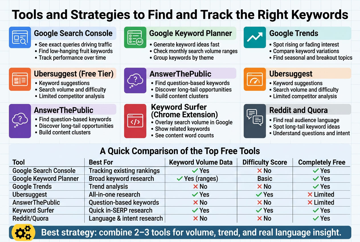 Create a clean, professional full-bleed infographic in a 3:2 aspect ratio with a modern SEO/data style. Use a white background with blue, teal, green, and orange accents, subtle grid lines, and a bold sans-serif font. Place a large bold title across the top: “Tools and Strategies to Find and Track the Right Keywords”.
Under the title, arrange the content in a wide multi-column layout with 7 horizontal feature blocks plus a bottom comparison band. Each block should have a distinct colored icon, a bold tool name, and 2–3 short bullet points. Use simple flat vector icons: magnifying glass, analytics chart, trend line, speech bubbles, browser extension window, question bubbles, and community forum icons.
Left to right across the middle section:
1) A blue block with a search console/dashboard icon and the heading “Google Search Console”
Bullets:
- “See exact queries driving traffic”
- “Find low-hanging fruit keywords”
- “Track performance over time”
2) A green block with a keyword list and ad-style icon and the heading “Google Keyword Planner”
Bullets:
- “Generate keyword ideas fast”
- “Check monthly search volume ranges”
- “Group keywords by theme”
3) A teal block with an upward/downward line chart icon and the heading “Google Trends”
Bullets:
- “Spot rising or fading interest”
- “Compare keyword variations”
- “Find seasonal and breakout topics”
4) An orange block with a dashboard/score icon and the heading “Ubersuggest (Free Tier)”
Bullets:
- “Keyword suggestions”
- “Search volume and difficulty”
- “Limited competitor analysis”
5) A purple block with a question cloud icon and the heading “AnswerThePublic”
Bullets:
- “Find question-based keywords”
- “Discover long-tail opportunities”
- “Build content clusters”
6) A red block with a browser extension icon and the heading “Keyword Surfer (Chrome Extension)”
Bullets:
- “Overlay search volume in Google”
- “Show related keywords”
- “See content word counts”
7) A dark gray block with forum/chat icons and the heading “Reddit and Quora”
Bullets:
- “Find real audience language”
- “Spot long-tail keyword ideas”
- “Understand questions and intent”
At the bottom, add a wide comparison table titled “A Quick Comparison of the Top Free Tools” with 7 rows and 4 columns. Use thin lines and checkmarks/crosses. Column headers:
- “Tool”
- “Best For”
- “Keyword Volume Data”
- “Difficulty Score”
- “Completely Free”
Rows:
- “Google Search Console | Tracking existing rankings | Yes | No | Yes”
- “Google Keyword Planner | Broad keyword research | Yes (ranges) | Basic | Yes”
- “Google Trends | Trend analysis | No | No | Yes”
- “Ubersuggest | All-in-one research | Yes | Yes | Limited”
- “AnswerThePublic | Question-based keywords | No | No | Limited”
- “Keyword Surfer | Quick in-SERP research | Yes | Yes | Yes”
- “Reddit/Quora | Language & intent research | No | No | Yes”
Add a final wide callout banner at the very bottom with a highlighted icon of two interlocking gears and the text:
“Best strategy: combine 2–3 tools for volume, trend, and real language insight.”
Use clear visual hierarchy, bold section headings, neat alignment, and plenty of spacing. Make the layout balanced and wide, not vertical. All text should be crisp, legible, and exactly as written.