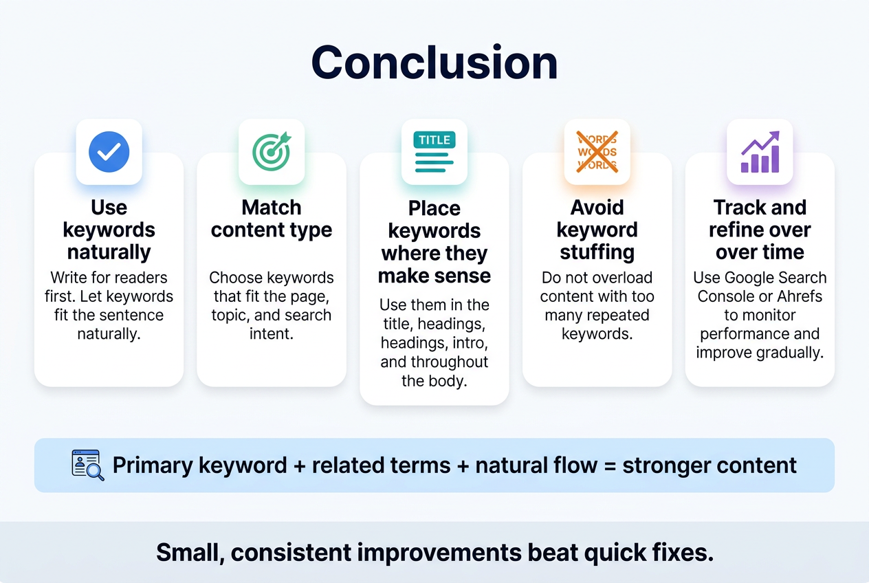 Aspect ratio 3:2, full-bleed professional infographic illustration with a clean modern SEO theme, white background with blue, teal, and dark gray accents, subtle gradient highlights, sans-serif font, bold title at the top center in dark navy: "Conclusion".
Wide horizontal layout with 5 evenly spaced sections across the center and lower area, each in a rounded rectangle block with a small icon above the text.
Section 1 on the left: blue checkmark icon, heading text "Use keywords naturally" and short body text "Write for readers first. Let keywords fit the sentence naturally."
Section 2: green target icon, heading text "Match content type" and short body text "Choose keywords that fit the page, topic, and search intent."
Section 3: teal placement icon with a title tag and text lines, heading text "Place keywords where they make sense" and short body text "Use them in the title, headings, intro, and throughout the body."
Section 4: orange warning icon with a crossed-out stack of words, heading text "Avoid keyword stuffing" and short body text "Do not overload content with too many repeated keywords."
Section 5 on the right: purple upward trend icon with analytics bars, heading text "Track and refine over time" and short body text "Use Google Search Console or Ahrefs to monitor performance and improve gradually."
Across the lower center, a larger emphasized banner with a light blue background and a small reader-and-search icon, containing the text: "Primary keyword + related terms + natural flow = stronger content"
Bottom strip with a final takeaway in bold dark text: "Small, consistent improvements beat quick fixes."
Use clear hierarchy, concise text, balanced spacing, simple flat icons, and a polished editorial infographic style.