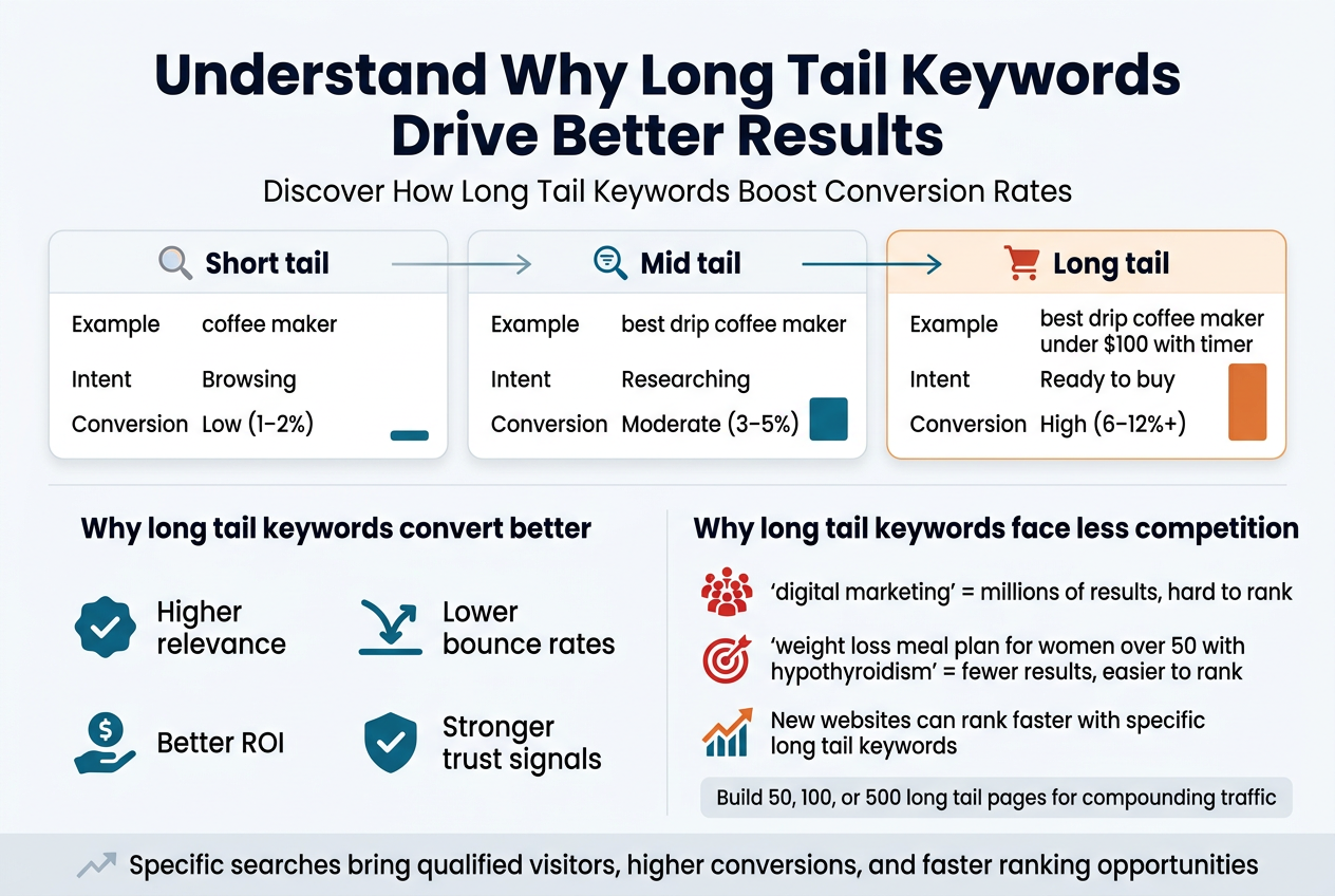Create a clean, professional full-bleed infographic in a 3:2 aspect ratio, wide horizontal layout, no inset frame, no poster border, with strong visual hierarchy and modern flat vector style. Use a white background with deep navy text, teal and blue accents, and orange highlight elements. Use bold sans-serif fonts for headings and readable sans-serif body text.

Top center: large bold title text, "Understand Why Long Tail Keywords Drive Better Results". Directly below it, smaller subtitle text, "Discover How Long Tail Keywords Boost Conversion Rates".

Upper middle section in three horizontal comparison cards spanning the width:
1) Left card with a small magnifying glass icon and label, "Short tail", example text, ""coffee maker"", intent text, "Browsing", conversion text, "Low (1–2%)", with a small low bar.
2) Center card with a search/filter icon and label, "Mid tail", example text, ""best drip coffee maker"", intent text, "Researching", conversion text, "Moderate (3–5%)", with a medium bar.
3) Right card with a shopping cart icon and label, "Long tail", example text, ""best drip coffee maker under $100 with timer"", intent text, "Ready to buy", conversion text, "High (6–12%+)", with a tall bar and warm accent color.
Add a thin arrow or progression line from left to right showing increasing specificity and buyer intent.

Lower left wide section titled, "Why long tail keywords convert better", with four icon bullets in a 2x2 grid:
- Checkmark icon with text, "Higher relevance"
- Bouncing arrow down icon with text, "Lower bounce rates"
- Dollar/ROI icon with text, "Better ROI"
- Shield or trust icon with text, "Stronger trust signals"

Lower right wide section titled, "Why long tail keywords face less competition", with three stacked comparison callouts:
- A crowded red cluster icon and text, ""digital marketing" = millions of results, hard to rank"
- A target icon and text, ""weight loss meal plan for women over 50 with hypothyroidism" = fewer results, easier to rank"
- A fast-rising chart icon and text, "New websites can rank faster with specific long tail keywords"
Include a small note box below with text, "Build 50, 100, or 500 long tail pages for compounding traffic"

Bottom full-width concluding strip with a subtle upward arrow graphic and the text, "Specific searches bring qualified visitors, higher conversions, and faster ranking opportunities".

Use clean spacing, clear alignment, and crisp infographic symbols. Keep the layout balanced and readable across the wide canvas.