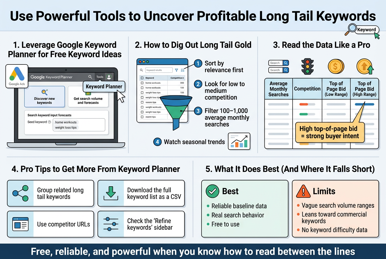 Create a full-bleed professional infographic illustration in a 3:2 aspect ratio with a clean modern SEO/marketing style, white background with blue, teal, green, and orange accents, bold sans-serif typography, subtle grid lines, and clear visual hierarchy.

Top header across the full width:
Large bold title text: "Use Powerful Tools to Uncover Profitable Long Tail Keywords"
Add a small magnifying glass and keyword tag icon near the title.

Below the title, organize the infographic into 3 wide horizontal content bands with multi-column layout, not a narrow vertical poster.

LEFT TOP SECTION:
Heading text: "1. Leverage Google Keyword Planner for Free Keyword Ideas"
Show a laptop screen with the Google Keyword Planner interface, a Google Ads account icon, and a cursor clicking "Tools" and "Keyword Planner".
Include two small labeled buttons inside the interface:
"Discover new keywords"
"Get search volume and forecasts"
Add a seed keyword input box with example text: "home workouts" and "weight loss tips"

CENTER SECTION:
Heading text: "2. How to Dig Out Long Tail Gold"
Show a keyword results table and a funnel/filter graphic.
Use four numbered callout bullets with icons:
"Sort by relevance first"
"Look for low to medium competition"
"Filter 100–1,000 average monthly searches"
"Watch seasonal trends"
Add small chart/graph icon next to "seasonal trends"

RIGHT SECTION:
Heading text: "3. Read the Data Like a Pro"
Show a clean four-column table with these exact column labels:
"Average Monthly Searches"
"Competition"
"Top of Page Bid (Low Range)"
"Top of Page Bid (High Range)"
Use small icons above each column: search bars, traffic light, coin, upward arrow coin.
Add a highlighted callout box with bold text:
"High top-of-page bid = strong buyer intent"

BOTTOM LEFT SECTION:
Heading text: "4. Pro Tips to Get More From Keyword Planner"
Show four icon-based tip cards arranged in a 2x2 grid:
"Group related long tail keywords"
"Download the full keyword list as a CSV"
"Use competitor URLs"
"Check the 'Refine keywords' sidebar"
Use icons: linked nodes, download arrow, website/page icon, sidebar filter sliders.

BOTTOM RIGHT SECTION:
Heading text: "5. What It Does Best (And Where It Falls Short)"
Split into two side-by-side panels with check and warning icons.
Left panel label: "Best"
Bullets:
"Reliable baseline data"
"Real search behavior"
"Free to use"
Right panel label: "Limits"
Bullets:
"Vague search volume ranges"
"Leans toward commercial keywords"
"No keyword difficulty data"

Add a final bottom banner across the width with bold closing text:
"Free, reliable, and powerful when you know how to read between the lines"

Use crisp infographics icons, subtle shadows, neatly aligned cards, and balanced spacing. Keep all text legible and exact as written. No photo realism, no 3D mockup, no decorative frame, no vertical centered poster layout.