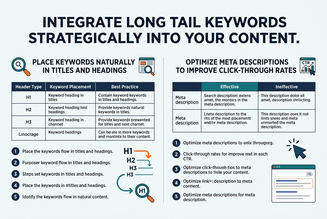 Create a clean, professional full-bleed infographic in a 3:2 horizontal layout with a white background, navy and teal color palette, orange accent highlights, modern sans-serif fonts, and strong visual hierarchy.

Top center: bold large title in navy text: "Integrate Long Tail Keywords Strategically Into Your Content"

Below the title, divide the infographic into two wide side-by-side sections with clear section headers and icons.

LEFT SECTION:
Header with a blue heading-tag icon and the text: "1. Place Keywords Naturally in Titles and Headings"

Include five short numbered blocks with small icons:
1) A spark/check icon next to: "Lead with the keyword when possible"
2) A search/intent icon next to: "Match search intent in your heading"
3) A layered heading icon next to: "Use variations across subheadings"
4) An eye/readability icon next to: "Keep headings readable out of context"
5) A magnifying glass/test icon next to: "Test your titles before publishing"

Under the tips, add a compact comparison table with two columns labeled "Approach" and "Example". Use alternating light gray rows and green check / red X markers:
- "Forced / unnatural" — "Flat Feet Running Shoes Best for People Who Run"
- "Natural and optimized" — "Best Running Shoes for Flat Feet That Won't Break the Bank"
- "Keyword buried too late" — "A Complete Guide to Footwear, Including the Best Running Shoes for Flat Feet"
- "Balanced and clear" — "How to Choose the Best Running Shoes for Flat Feet"

Add a small callout box at the bottom of the left section with a highlighted quote style:
"Natural versions feel like something a real person would say or search for."

RIGHT SECTION:
Header with a blue snippet/document icon and the text: "2. Optimize Meta Descriptions to Improve Click-Through Rates"

Under the header, show a three-step vertical block with large numbered circles and icons:
1) A keyword tag icon with text: "Include the long tail keyword naturally"
2) A person/target icon with text: "Speak directly to the reader's problem or desire"
3) A right arrow/CTA icon with text: "End with a soft call to action"

Below that, add a warning list titled "Common Mistakes to Avoid" with red X bullets:
- "Leaving the meta description blank"
- "Repeating the title word for word"
- "Going over the character limit"
- "Being vague"

At the bottom of the right section, include a before-and-after comparison table with two columns labeled "Weak" and "Strong":
- Weak: "This article talks about running shoes and foot problems."
- Strong: "Struggling with flat feet? Discover the best running shoes for flat feet that offer real arch support and all-day comfort."
- Weak: "We have information about long tail keywords on this page."
- Strong: "Learn how to find long tail keywords that bring in targeted traffic — with free tools and step-by-step techniques you can use today."

Add a final full-width footer banner across the bottom with a teal background and white text:
"Clarity always wins over cleverness in search snippets."

Use neat grid alignment, ample spacing, subtle shadows, thin divider lines, and crisp infographic styling. Include small SEO-themed icons such as a magnifying glass, webpage snippet, heading tag, checklist, and cursor click symbol. Avoid clutter and keep all text legible.