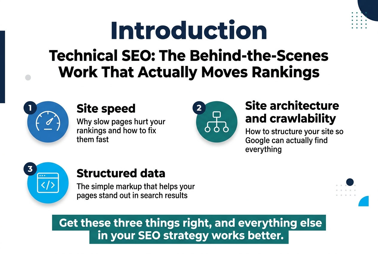 Create a clean, professional infographic illustration in a 3:2 aspect ratio, full-bleed layout with no border or poster frame, using a modern white background with deep navy, teal, and bright blue accents. At the top center, place a large bold heading in a modern sans-serif font: "Introduction". Directly below it, add a strong subtitle in slightly smaller bold text: "Technical SEO: The Behind-the-Scenes Work That Actually Moves Rankings". 

Arrange the main content in three wide horizontal sections across the middle of the design, using a balanced multi-column layout with clear spacing and visual hierarchy. Each section should have a numbered circle icon on the left and a simple matching line icon:
1. A blue circular icon with a speedometer next to the heading "Site speed" and the supporting text "Why slow pages hurt your rankings and how to fix them fast"
2. A teal circular icon with a site map / network nodes next to the heading "Site architecture and crawlability" and the supporting text "How to structure your site so Google can actually find everything"
3. A bright blue circular icon with a code brackets / structured markup icon next to the heading "Structured data" and the supporting text "The simple markup that helps your pages stand out in search results"

At the bottom, place a bold takeaway statement inside a wide colored banner spanning most of the width: "Get these three things right, and everything else in your SEO strategy works better."

Use clean typography, strong contrast, subtle geometric accents, minimal shadows, and a polished editorial infographic style. Keep all text sharp, legible, and exactly as written.