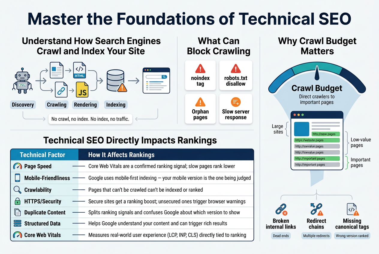 Create a clean, professional full-bleed infographic illustration in a 3:2 aspect ratio with a modern SEO/tech style, white background with blue, teal, navy, and orange accents, bold sans-serif typography, clear visual hierarchy, and no inset poster frame. Place a large bold title across the top: "Master the Foundations of Technical SEO".

Use a wide horizontal layout with four main sections:
1) Left section titled "Understand How Search Engines Crawl and Index Your Site" with a horizontal flow diagram showing a robot crawler icon visiting web pages, then arrows to a database index icon, then arrows to a search results icon. Include small labels under the flow: "Discovery", "Crawling", "Rendering", "Indexing". Add a small note box beneath with the text: "No crawl, no index. No index, no traffic." Use simple page, link, HTML, JavaScript, and database symbols.
2) Upper middle section titled "What Can Block Crawling" with four compact warning cards, each with a red or orange icon: "noindex tag", "robots.txt disallow", "Orphan pages", "Slow server response".
3) Right section titled "Why Crawl Budget Matters" with a large gauge or funnel graphic labeled "Crawl Budget" and a subtitle: "Direct crawlers to important pages". Show a large website icon with many URLs, some highlighted in green and low-value pages in gray. Add small labels: "Large sites", "Low-value pages", "Important pages".
4) Bottom wide section titled "Technical SEO Directly Impacts Rankings" with a clean two-column infographic table-style layout. Left column header: "Technical Factor". Right column header: "How It Affects Rankings". Include these rows exactly:
"Page Speed" — "Core Web Vitals are a confirmed ranking signal; slow pages rank lower"
"Mobile-Friendliness" — "Google uses mobile-first indexing — your mobile version is the one being judged"
"Crawlability" — "Pages that can't be crawled can't be indexed or ranked"
"HTTPS/Security" — "Secure sites get a ranking boost; unsecured ones trigger browser warnings"
"Duplicate Content" — "Splits ranking signals and confuses Google about which version to show"
"Structured Data" — "Helps Google understand your content and can trigger rich results"
"Core Web Vitals" — "Measures real-world user experience (LCP, INP, CLS) directly tied to ranking"

Add a bottom strip with three problem icons and labels: "Broken internal links", "Redirect chains", "Missing canonical tags". Include small supporting labels: "Dead ends", "Multiple redirects", "Wrong version ranked". Use subtle arrows, link icons, warning triangles, mobile phone icon, padlock icon, speedometer icon, and code brackets. Keep the composition balanced, wide, and easy to scan, with strong spacing and crisp infographic styling.