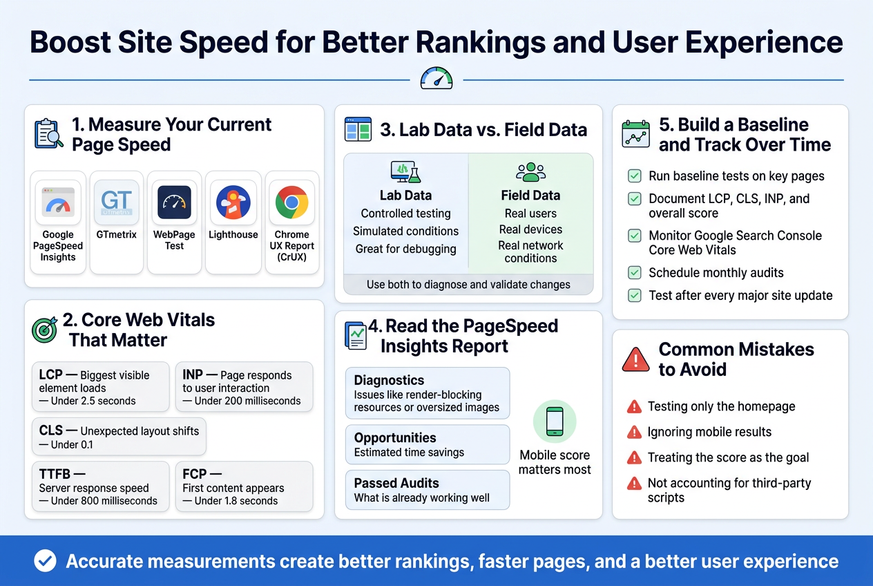 Create a full-bleed professional infographic in a clean modern flat design, aspect ratio 3:2, with a light white background, blue and green accent colors, dark navy text, subtle gray dividers, and clear sans-serif typography. Place a bold large heading across the top: "Boost Site Speed for Better Rankings and User Experience". Use a wide horizontal layout with multiple sections, not a vertical poster.

Top section:
- Large heading centered at the top in dark navy.
- Under the title, add a thin blue line and a small speedometer icon.

Main body arranged in 3 wide columns and 2 rows of content blocks:

Left column, top block titled "1. Measure Your Current Page Speed" with a clipboard and magnifying glass icon.
Include a row of five small tool cards with simple app-style icons and short labels:
- "Google PageSpeed Insights"
- "GTmetrix"
- "WebPageTest"
- "Lighthouse"
- "Chrome UX Report (CrUX)"

Left column, bottom block titled "2. Core Web Vitals That Matter" with a target icon.
Show five metric chips or mini cards with bold metric abbreviations, short descriptions, and good score targets:
- "LCP — Biggest visible element loads — Under 2.5 seconds"
- "INP — Page responds to user interaction — Under 200 milliseconds"
- "CLS — Unexpected layout shifts — Under 0.1"
- "TTFB — Server response speed — Under 800 milliseconds"
- "FCP — First content appears — Under 1.8 seconds"

Center column, top block titled "3. Lab Data vs. Field Data" with a split-screen icon.
Use a side-by-side comparison:
Left side label: "Lab Data" with a monitor and beaker icon, text: "Controlled testing", "Simulated conditions", "Great for debugging"
Right side label: "Field Data" with a group-of-users icon, text: "Real users", "Real devices", "Real network conditions"
Add a small footer line inside the block: "Use both to diagnose and validate changes"

Center column, bottom block titled "4. Read the PageSpeed Insights Report" with a report/chart icon.
Show three stacked labeled panels:
- "Diagnostics" — "Issues like render-blocking resources or oversized images"
- "Opportunities" — "Estimated time savings"
- "Passed Audits" — "What is already working well"
Add a highlighted mobile phone icon beside the text: "Mobile score matters most"

Right column, top block titled "5. Build a Baseline and Track Over Time" with a calendar and line chart icon.
Show a numbered checklist with five items:
- "Run baseline tests on key pages"
- "Document LCP, CLS, INP, and overall score"
- "Monitor Google Search Console Core Web Vitals"
- "Schedule monthly audits"
- "Test after every major site update"

Right column, bottom block titled "6. Common Mistakes to Avoid" with a warning triangle icon.
Show four warning-style bullets with red accent icons:
- "Testing only the homepage"
- "Ignoring mobile results"
- "Treating the score as the goal"
- "Not accounting for third-party scripts"

Bottom strip spanning the full width:
Add a strong closing statement in a blue banner with a checkmark icon:
"Accurate measurements create better rankings, faster pages, and a better user experience"

Style details:
- Use bold section headers in navy.
- Use rounded rectangles for cards and comparison panels.
- Use small icons for each tool and metric.
- Keep spacing clean and balanced.
- Use clear hierarchy with title at top, then sections arranged in wide columns.
- No photos, no 3D effects, no hand-drawn style, no clutter.