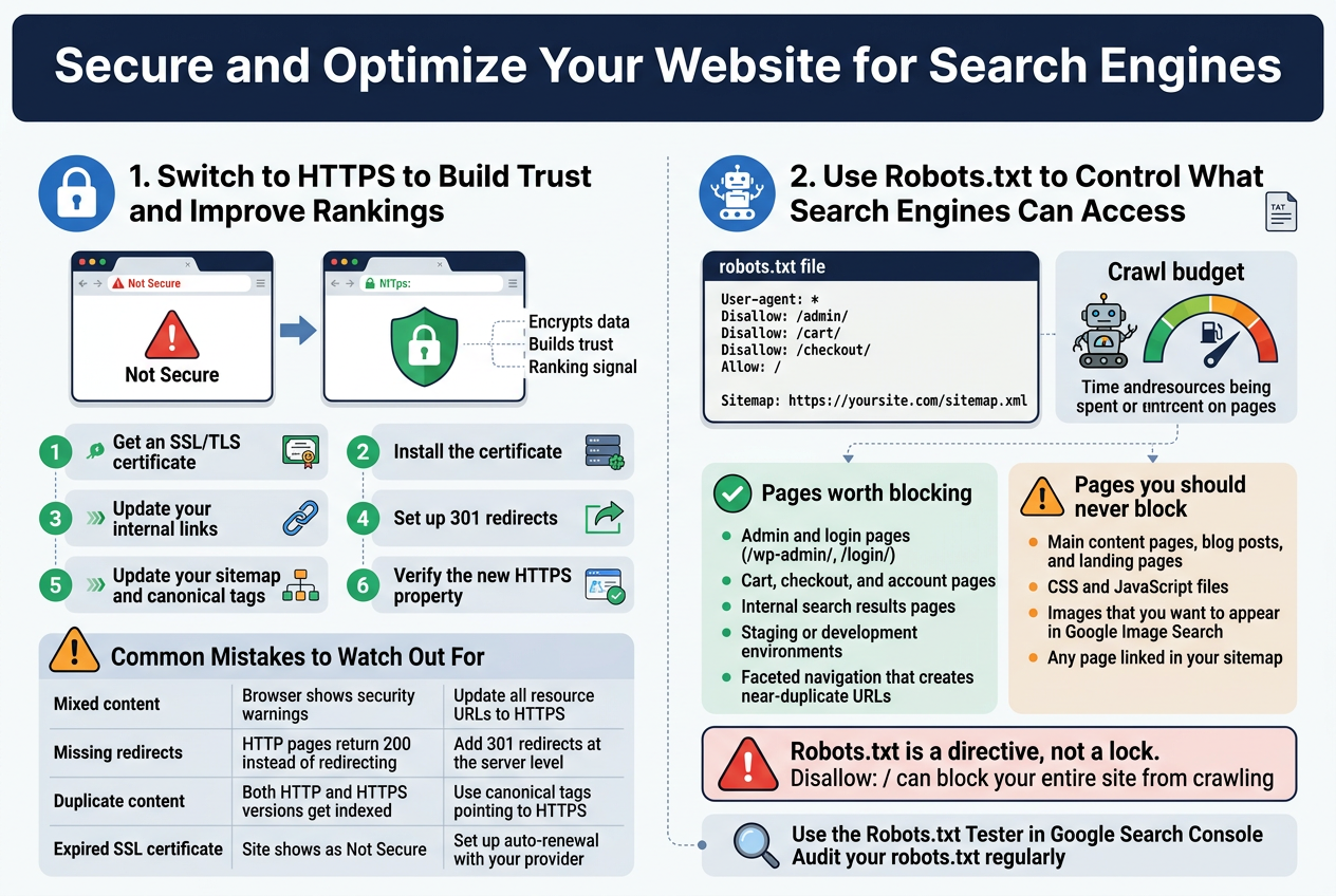 Aspect ratio 3:2, full-bleed professional SEO infographic, clean modern flat vector style, white background with blue, teal, green, and orange accents, bold sans-serif typography, clear hierarchy, no poster frame, wide horizontal layout with multiple sections.

Top full-width header bar in dark navy with large bold white title: "Secure and Optimize Your Website for Search Engines"

Below the header, split the infographic into two main side-by-side sections.

LEFT SECTION: "1. Switch to HTTPS to Build Trust and Improve Rankings"
- Section title in bold navy with a blue lock icon.
- A horizontal before/after visual: left side shows an HTTP browser window with a red warning triangle and text "Not Secure"; right side shows an HTTPS browser window with a green padlock and shield.
- Small callout text near the secure side: "Encrypts data", "Builds trust", "Ranking signal"
- Under the visual, a six-step checklist in two columns with numbered green circles and small icons:
  1. "Get an SSL/TLS certificate" with certificate icon
  2. "Install the certificate" with server icon
  3. "Update your internal links" with chain-link icon
  4. "Set up 301 redirects" with redirect arrow icon
  5. "Update your sitemap and canonical tags" with sitemap icon
  6. "Verify the new HTTPS property" with search console/check icon
- Bottom sub-block titled "Common Mistakes to Watch Out For" with a warning icon and a small table-style layout:
  - "Mixed content" | "Browser shows security warnings" | "Update all resource URLs to HTTPS"
  - "Missing redirects" | "HTTP pages return 200 instead of redirecting" | "Add 301 redirects at the server level"
  - "Duplicate content" | "Both HTTP and HTTPS versions get indexed" | "Use canonical tags pointing to HTTPS"
  - "Expired SSL certificate" | "Site shows as Not Secure" | "Set up auto-renewal with your provider"

RIGHT SECTION: "2. Use Robots.txt to Control What Search Engines Can Access"
- Section title in bold navy with a robot crawler icon and a small text-file icon.
- A visual of a robots.txt file on the left side of this section with monospaced code displayed exactly:
  "User-agent: *"
  "Disallow: /admin/"
  "Disallow: /cart/"
  "Disallow: /checkout/"
  "Allow: /"
  "Sitemap: https://yoursite.com/sitemap.xml"
- To the right of the code block, a crawl budget visual: a Googlebot-style crawler icon with a fuel gauge or budget meter, showing time/resources being spent on pages.
- Beneath that, two balanced columns with check and warning icons:
  Left column heading: "Pages worth blocking"
  - "Admin and login pages (/wp-admin/, /login/)"
  - "Cart, checkout, and account pages"
  - "Internal search results pages"
  - "Staging or development environments"
  - "Faceted navigation that creates near-duplicate URLs"
  Right column heading: "Pages you should never block"
  - "Main content pages, blog posts, and landing pages"
  - "CSS and JavaScript files"
  - "Images that you want to appear in Google Image Search"
  - "Any page linked in your sitemap"
- Bottom warning strip with a red alert icon and bold text:
  "Robots.txt is a directive, not a lock."
  "Disallow: /"
  "can block your entire site from crawling"
- Small footer callout with a magnifying glass icon:
  "Use the Robots.txt Tester in Google Search Console"
  "Audit your robots.txt regularly"

Overall layout should feel balanced and informational, with strong icons, clear section dividers, subtle dotted or line connectors, and readable text blocks. Use crisp shadows, rounded boxes, and strong contrast for readability.