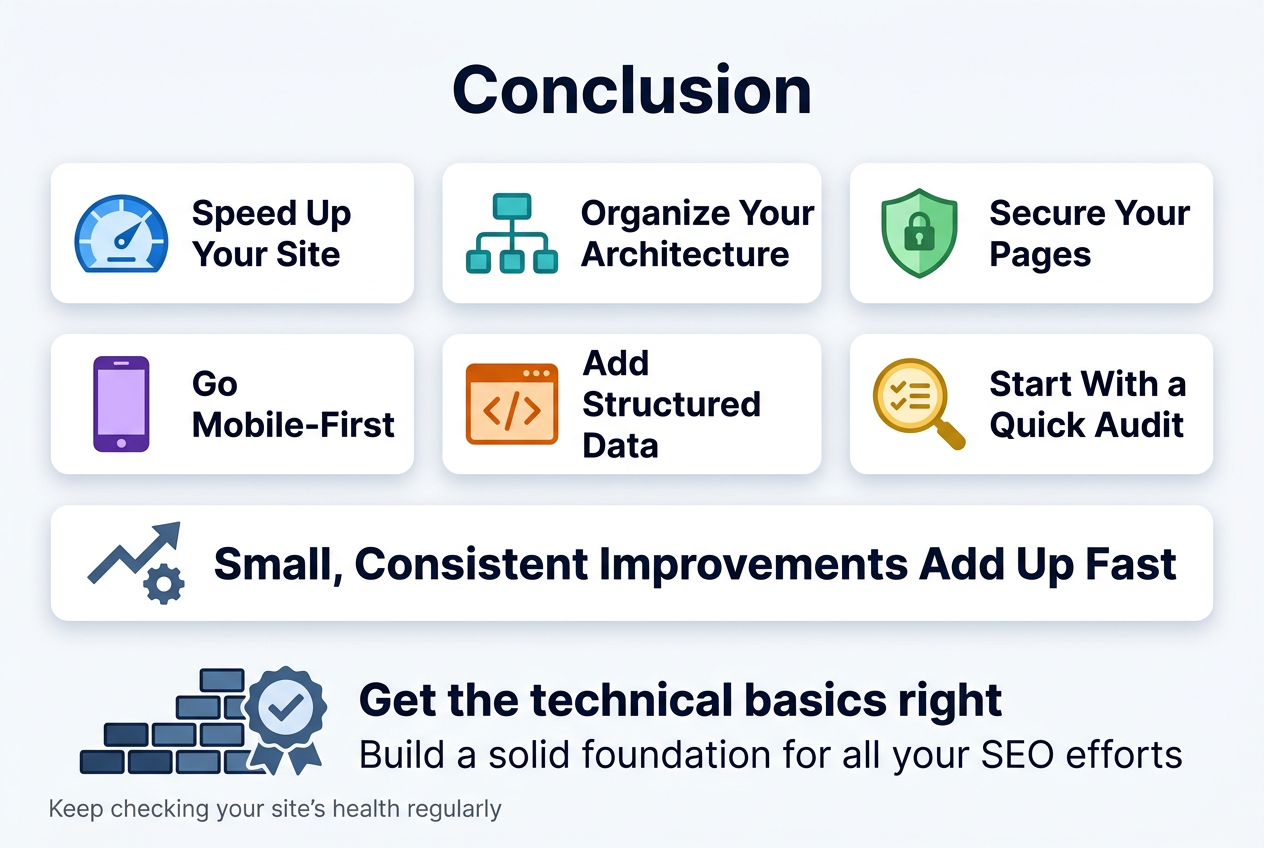 Create a full-bleed 3:2 infographic illustration with a clean modern professional style, white background with blue, teal, and dark navy accents, subtle gradients, crisp vector icons, and strong visual hierarchy.

Top center: large bold heading in dark navy text, exact text: "Conclusion"

Below the heading, arrange a wide 2-row layout of six rounded rectangular content blocks across the canvas, evenly spaced in a balanced multi-column grid, with icons on the left of each block and short text on the right.

Block 1: a blue speedometer icon, title text: "Speed Up Your Site"
Block 2: a teal site-map / architecture icon, title text: "Organize Your Architecture"
Block 3: a green shield with lock icon, title text: "Secure Your Pages"
Block 4: a purple smartphone icon, title text: "Go Mobile-First"
Block 5: an orange structured data / code brackets icon, title text: "Add Structured Data"
Block 6: a gold magnifying glass with checklist icon, title text: "Start With a Quick Audit"

Under the six blocks, add a wide horizontal callout band spanning most of the width with a subtle dark blue background. Place a simple upward trend arrow and gear icon on the left, and large bold white text centered: "Small, Consistent Improvements Add Up Fast"

At the bottom, add a final wide foundation-style section with a brick/foundation illustration and a checkmark badge, plus two lines of text in dark navy:
"Get the technical basics right"
"Build a solid foundation for all your SEO efforts"

Include a small supporting line near the lower left in medium gray text:
"Keep checking your site's health regularly"

Use clean sans-serif typography, bold headings, clear spacing, aligned edges, minimal shadows, and high readability. No vertical poster frame, no narrow centered stack, no extra text.