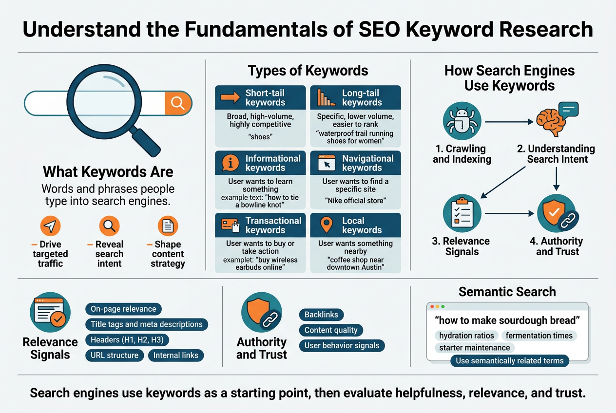 Create a full-bleed landscape infographic in a 3:2 aspect ratio with a clean modern SEO theme, white background, deep blue and teal accents, orange highlight icons, and crisp sans-serif typography. Place a bold title across the top: “Understand the Fundamentals of SEO Keyword Research”.

Use a wide horizontal multi-section layout with clear visual hierarchy and simple flat vector icons.

Left section: a large magnifying glass icon over a search bar graphic with the heading “What Keywords Are” and short body text: “Words and phrases people type into search engines.” Add three small callout bullets with icons:
- “Drive targeted traffic”
- “Reveal search intent”
- “Shape content strategy”

Center section: a grid titled “Types of Keywords” with six labeled blocks, each with a distinct icon:
- “Short-tail keywords” — “Broad, high-volume, highly competitive” — example text: “shoes”
- “Long-tail keywords” — “Specific, lower volume, easier to rank” — example text: “waterproof trail running shoes for women”
- “Informational keywords” — “User wants to learn something” — example text: “how to tie a bowline knot”
- “Navigational keywords” — “User wants to find a specific site” — example text: “Nike official store”
- “Transactional keywords” — “User wants to buy or take action” — example text: “buy wireless earbuds online”
- “Local keywords” — “User wants something nearby” — example text: “coffee shop near downtown Austin”

Right section: a search engine workflow diagram titled “How Search Engines Use Keywords” with four connected steps and icons:
1. “Crawling and Indexing” — bot/spider icon
2. “Understanding Search Intent” — brain and speech bubble icon
3. “Relevance Signals” — checklist icon
4. “Authority and Trust” — shield and backlink chain icon

Bottom wide band: three grouped panels with icons and labels.
Panel 1 titled “Relevance Signals” with small chips reading:
- “On-page relevance”
- “Title tags and meta descriptions”
- “Headers (H1, H2, H3)”
- “URL structure”
- “Internal links”

Panel 2 titled “Authority and Trust” with small chips reading:
- “Backlinks”
- “Content quality”
- “User behavior signals”

Panel 3 titled “Semantic Search” with a content card showing the keyword “how to make sourdough bread” and related terms in smaller text: “hydration ratios”, “fermentation times”, “starter maintenance”, plus a note bar reading “Use semantically related terms”.

Add a compact summary strip at the very bottom with a bold concluding line: “Search engines use keywords as a starting point, then evaluate helpfulness, relevance, and trust.”

Use clear section dividers, strong iconography, balanced spacing, readable text, and a polished editorial infographic style. Avoid portrait layout, avoid narrow centered stacking, and keep all elements aligned in wide horizontal sections.