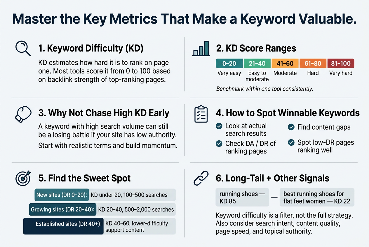 Create a clean professional SEO infographic in a full-bleed 3:2 landscape layout with a modern flat design, white background, deep navy and teal accents, orange highlight color, bold sans-serif typography, and subtle gray dividers. Place a large bold heading across the top: "Master the Key Metrics That Make a Keyword Valuable".

Under the heading, use a wide 2-column layout with five clearly separated content blocks and simple line icons.

Top left block: a magnifying glass icon and the heading "1. Keyword Difficulty (KD)". Include short body text: "KD estimates how hard it is to rank on page one. Most tools score it from 0 to 100 based on backlink strength of top-ranking pages."

Top right block: a stacked bar chart icon and the heading "2. KD Score Ranges". Show a horizontal color-coded scale with labels:
"0–20 Very easy"
"21–40 Easy to moderate"
"41–60 Moderate"
"61–80 Hard"
"81–100 Very hard"
Add a small note beneath: "Benchmark within one tool consistently."

Middle left block: a boxing glove icon and the heading "3. Why Not Chase High KD Early". Include short body text: "A keyword with high search volume can still be a losing battle if your site has low authority. Start with realistic terms and build momentum."

Middle right block: a checklist icon and the heading "4. How to Spot Winnable Keywords". Show four bullet points with small check icons:
"Look at actual search results"
"Check DA / DR of ranking pages"
"Find content gaps"
"Spot low-DR pages ranking well"

Bottom left wide block: a target icon and the heading "5. Find the Sweet Spot". Show a simple three-tier horizontal strategy graphic:
"New sites (DR 0–20): KD under 20, 100–500 searches"
"Growing sites (DR 20–40): KD 20–40, 500–2,000 searches"
"Established sites (DR 40+): KD 40–60, lower-difficulty support content"

Bottom right wide block: a chain-link icon and the heading "6. Long-Tail + Other Signals". Include two side-by-side examples:
"running shoes — KD 85"
"best running shoes for flat feet women — KD 22"
Below add: "Keyword difficulty is a filter, not the full strategy. Also consider search intent, content quality, page speed, and topical authority."

Use clear visual hierarchy, bold section titles, compact readable text, and icons beside each section. Keep the layout airy, balanced, and easy to scan, with no frame, no poster border, and no decorative clutter.