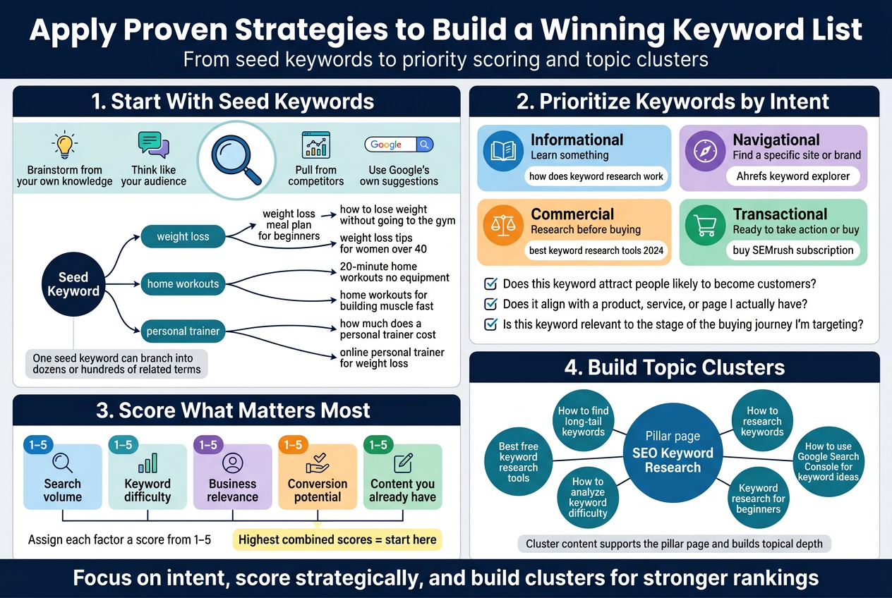 Create a clean professional full-bleed infographic in a 3:2 aspect ratio with a modern blue, teal, green, and orange color palette, white background, dark navy headings, and sans-serif typography.

Top header across the full width:
Bold title text: "Apply Proven Strategies to Build a Winning Keyword List"
Subtitle text beneath: "From seed keywords to priority scoring and topic clusters"

Main layout: a wide two-row, multi-column infographic with clear visual hierarchy, not a vertical poster.

LEFT TOP SECTION:
Large section header: "1. Start With Seed Keywords"
Show a central magnifying glass icon surrounded by 4 small icon callouts in a horizontal band:
- lightbulb icon with text: "Brainstorm from your own knowledge"
- chat bubble icon with text: "Think like your audience"
- competitor chart icon with text: "Pull from competitors"
- Google search bar icon with text: "Use Google's own suggestions"
Below, show a branching keyword tree diagram starting from one seed keyword node:
Center node text: "Seed Keyword"
Branch out to smaller nodes labeled:
"weight loss"
"home workouts"
"personal trainer"
Then expand into a web of long-tail keyword nodes with arrow lines:
"weight loss meal plan for beginners"
"how to lose weight without going to the gym"
"weight loss tips for women over 40"
"20-minute home workouts no equipment"
"home workouts for building muscle fast"
"how much does a personal trainer cost"
"online personal trainer for weight loss"
Add a small note box at the bottom of this section:
"One seed keyword can branch into dozens or hundreds of related terms"

RIGHT TOP SECTION:
Large section header: "2. Prioritize Keywords by Intent"
Show 4 colored intent cards in a 2x2 grid with icons and short labels:
Card 1, blue, book icon:
"Informational"
"Learn something"
"how does keyword research work"
Card 2, purple, compass icon:
"Navigational"
"Find a specific site or brand"
"Ahrefs keyword explorer"
Card 3, orange, comparison icon:
"Commercial"
"Research before buying"
"best keyword research tools 2024"
Card 4, green, shopping cart icon:
"Transactional"
"Ready to take action or buy"
"buy SEMrush subscription"
Under the cards, show 3 checklist bullets with check icons:
"Does this keyword attract people likely to become customers?"
"Does it align with a product, service, or page I actually have?"
"Is this keyword relevant to the stage of the buying journey I'm targeting?"

BOTTOM LEFT SECTION:
Large section header: "3. Score What Matters Most"
Show a horizontal scoring panel with 5 metric blocks, each with a number badge 1–5 and a small icon:
"Search volume"
"Keyword difficulty"
"Business relevance"
"Conversion potential"
"Content you already have"
Include a simple score row beneath:
"Assign each factor a score from 1–5"
Add a highlighted callout box:
"Highest combined scores = start here"

BOTTOM RIGHT SECTION:
Large section header: "4. Build Topic Clusters"
Show a pillar-and-cluster diagram with one large central circle and 5 smaller connected circles around it.
Center label:
"Pillar page"
"SEO Keyword Research"
Surrounding cluster labels:
"How to find long-tail keywords"
"Best free keyword research tools"
"How to analyze keyword difficulty"
"Keyword research for beginners"
"How to use Google Search Console for keyword ideas"
Add a small footer note:
"Cluster content supports the pillar page and builds topical depth"

Bottom footer band across the full width:
Bold closing line text:
"Focus on intent, score strategically, and build clusters for stronger rankings"
Use thin connecting lines, clean spacing, subtle shadows, crisp vector-style icons, and strong contrast for readability.