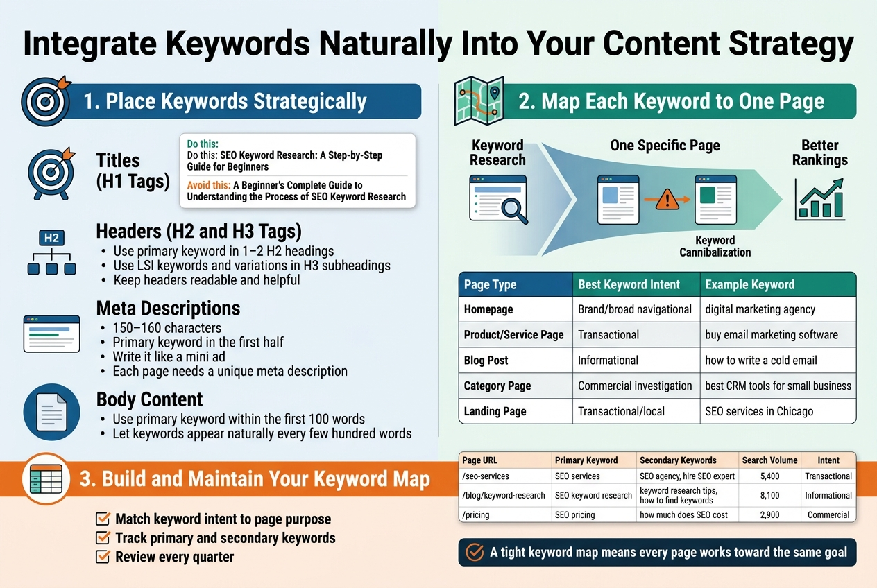 Create a full-bleed 3:2 landscape infographic in a clean modern SEO marketing style, with a light background, deep blue and teal accents, orange highlights, and bold sans-serif typography. Place a large bold title across the top: "Integrate Keywords Naturally Into Your Content Strategy". Use a wide horizontal layout with two main columns and clearly separated sections, not a vertical poster.

Left side: section header in a blue bar, "1. Place Keywords Strategically", with four stacked content blocks and matching icons.
1) "Titles (H1 Tags)" with a target icon and a small title card showing:
"Do this: SEO Keyword Research: A Step-by-Step Guide for Beginners"
"Avoid this: A Beginner's Complete Guide to Understanding the Process of SEO Keyword Research"
2) "Headers (H2 and H3 Tags)" with a heading hierarchy icon and three short bullets:
"Use primary keyword in 1–2 H2 headings"
"Use LSI keywords and variations in H3 subheadings"
"Keep headers readable and helpful"
3) "Meta Descriptions" with a search result snippet icon and four short bullets:
"150–160 characters"
"Primary keyword in the first half"
"Write it like a mini ad"
"Each page needs a unique meta description"
4) "Body Content" with a document icon and two short lines:
"Use primary keyword within the first 100 words"
"Let keywords appear naturally every few hundred words"

Right side: section header in a green bar, "2. Map Each Keyword to One Page", with a city-map or route icon at the top of this section. Show a horizontal funnel/flow diagram from "Keyword Research" to "One Specific Page" to "Better Rankings", with a warning icon and label "Keyword Cannibalization" between two competing page cards.

Below the flow, include a clean 5-row table with visible headers:
"Page Type | Best Keyword Intent | Example Keyword"
"Homepage | Brand/broad navigational | digital marketing agency"
"Product/Service Page | Transactional | buy email marketing software"
"Blog Post | Informational | how to write a cold email"
"Category Page | Commercial investigation | best CRM tools for small business"
"Landing Page | Transactional/local | SEO services in Chicago"

Bottom band across the full width: section header in an orange bar, "3. Build and Maintain Your Keyword Map", with a spreadsheet icon and three checklist blocks:
"Match keyword intent to page purpose"
"Track primary and secondary keywords"
"Review every quarter"
Include a small sample spreadsheet card with headers:
"Page URL | Primary Keyword | Secondary Keywords | Search Volume | Intent"
Rows:
"/seo-services | SEO services | SEO agency, hire SEO expert | 5,400 | Transactional"
"/blog/keyword-research | SEO keyword research | keyword research tips, how to find keywords | 8,100 | Informational"
"/pricing | SEO pricing | how much does SEO cost | 2,900 | Commercial"

Add a final callout strip at the bottom right with a checkmark icon and the text:
"A tight keyword map means every page works toward the same goal"

Use crisp spacing, subtle shadows, clear section dividers, readable text, and simple flat vector icons. Ensure all text is legible and aligned in balanced multi-column blocks.
