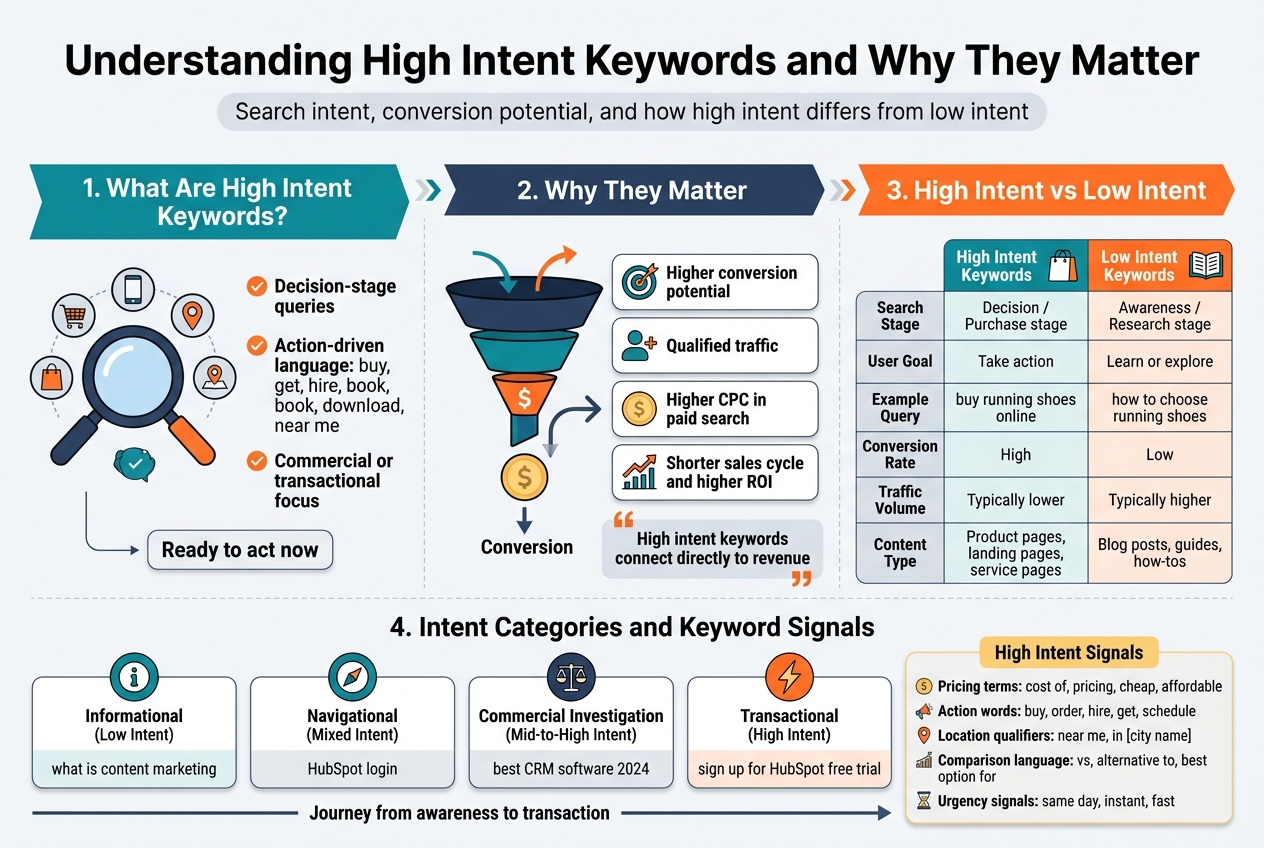 Create a clean, professional full-bleed infographic illustration in a 3:2 aspect ratio, wide horizontal layout, with a modern SEO/marketing style, white background, navy and teal primary colors, orange accent highlights, subtle gray dividers, and bold sans-serif typography.

Top header across the full width:
Large bold title centered: "Understanding High Intent Keywords and Why They Matter"
Small subtitle beneath in gray: "Search intent, conversion potential, and how high intent differs from low intent"

Main layout: wide 3-section horizontal infographic with clear visual hierarchy and icons.

LEFT SECTION:
Heading in a teal banner: "1. What Are High Intent Keywords?"
Below it, a large magnifying glass icon with a shopping cart, phone, and location pin around it.
Include 3 bullet blocks with small orange check icons:
- "Decision-stage queries"
- "Action-driven language: buy, get, hire, book, download, near me"
- "Commercial or transactional focus"
Add a small callout box at the bottom with bold text: "Ready to act now"

CENTER SECTION:
Heading in a navy banner: "2. Why They Matter"
Show a funnel graphic from top to bottom with a dollar sign at the bottom and a conversion arrow.
Add 4 stacked metric cards with icons:
- "Higher conversion potential" with a target icon
- "Qualified traffic" with a user-plus icon
- "Higher CPC in paid search" with a coin icon
- "Shorter sales cycle and higher ROI" with a rising chart icon
Add a highlighted quote-style box: "High intent keywords connect directly to revenue"

RIGHT SECTION:
Heading in an orange banner: "3. High Intent vs Low Intent"
Place a clean side-by-side comparison table with two columns and colored headers.
Left column header: "High Intent Keywords"
Right column header: "Low Intent Keywords"
Rows with exact text:
- "Search Stage | Decision / Purchase stage | Awareness / Research stage"
- "User Goal | Take action | Learn or explore"
- "Example Query | buy running shoes online | how to choose running shoes"
- "Conversion Rate | High | Low"
- "Traffic Volume | Typically lower | Typically higher"
- "Content Type | Product pages, landing pages, service pages | Blog posts, guides, how-tos"
Use small icons beside the headers: shopping bag for high intent, book for low intent.

BOTTOM BAND across full width:
Heading: "4. Intent Categories and Keyword Signals"
Create four evenly spaced cards with icons and short text:
- Card 1 with info icon: "Informational (Low Intent)" and "what is content marketing"
- Card 2 with compass icon: "Navigational (Mixed Intent)" and "HubSpot login"
- Card 3 with comparison icon: "Commercial Investigation (Mid-to-High Intent)" and "best CRM software 2024"
- Card 4 with lightning bolt icon: "Transactional (High Intent)" and "sign up for HubSpot free trial"
Below the cards, add a horizontal arrow labeled "Journey from awareness to transaction"

BOTTOM RIGHT CALLOUT:
Small highlighted box with bold heading: "High Intent Signals"
List exact text with tiny icons:
- "Pricing terms: cost of, pricing, cheap, affordable"
- "Action words: buy, order, hire, get, schedule"
- "Location qualifiers: near me, in [city name]"
- "Comparison language: vs, alternative to, best option for"
- "Urgency signals: same day, instant, fast"

Visual style:
Use crisp vector illustration, flat design, subtle shadows, clean spacing, strong alignment, and easy-to-read text. Include small decorative arrows and funnel elements to connect the sections. Make the overall composition balanced, wide, and information-rich, with no vertical poster frame and no empty center.