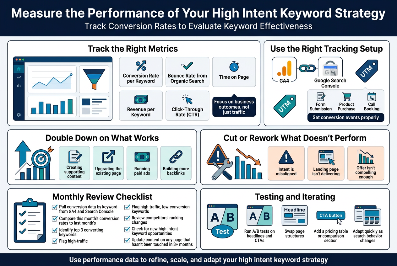 Create a clean, professional full-bleed infographic illustration in a 3:2 aspect ratio, wide horizontal layout, no poster frame, no inset margins, with a modern SEO/analytics style. Use a white background with deep navy, teal, blue, and orange accents, bold sans-serif typography, clear hierarchy, subtle grid lines, and flat vector icons.
Top header spanning the full width:
- Large bold title text: "Measure the Performance of Your High Intent Keyword Strategy"
- Smaller subtitle beneath: "Track Conversion Rates to Evaluate Keyword Effectiveness"
Main content arranged in 4 wide horizontal sections with cards and icons:
Section 1 on the upper left and center: "Track the Right Metrics"
Place a large analytics dashboard panel with a line chart, bar chart, and conversion funnel icon. Include 5 metric cards with small icons and short labels:
- "Conversion Rate per Keyword"
- "Bounce Rate from Organic Search"
- "Time on Page"
- "Revenue per Keyword"
- "Click-Through Rate (CTR)"
Add a small note box with bold text: "Focus on business outcomes, not just traffic"
Section 2 on the upper right: "Use the Right Tracking Setup"
Show connected app-style icons for "GA4" and "Google Search Console" with a chain-link graphic between them, plus a tag icon labeled "UTM". Include three small conversion event icons with labels:
- "Form Submission"
- "Product Purchase"
- "Call Booking"
Add a small caption box: "Set conversion events properly"
Section 3 across the middle, split into two side-by-side blocks:
Left block titled "Double Down on What Works" with an upward arrow, target icon, and growth chart. Include four small action tiles:
- "Creating supporting content"
- "Upgrading the existing page"
- "Running paid ads"
- "Building more backlinks"
Right block titled "Cut or Rework What Doesn't Perform" with a warning triangle, wrench, and declining chart. Include three diagnosis tiles:
- "Intent is misaligned"
- "Landing page isn't delivering"
- "Offer isn't compelling enough"
Section 4 across the bottom, wide checklist and testing area:
Left bottom block titled "Monthly Review Checklist" with a clipboard icon and checkmarks, showing these exact checklist items:
- "Pull conversion data by keyword from GA4 and Search Console"
- "Compare this month's conversion rates to last month's"
- "Identify top 3 converting keywords"
- "Flag high-traffic, low-conversion keywords"
- "Review competitors' ranking changes"
- "Check for new high intent keyword opportunities"
- "Update content on any page that hasn't been touched in 3+ months"
Right bottom block titled "Testing and Iterating" with A/B test split-screen icon, headline icon, CTA button icon, and small page layout cards. Include text:
- "Run A/B tests on headlines and CTAs"
- "Swap page structures"
- "Add a pricing table or comparison section"
- "Adapt quickly as search behavior changes"
Add a small footer strip along the bottom with a bold concluding message:
"Use performance data to refine, scale, and adapt your high intent keyword strategy"
Use crisp iconography, consistent spacing, strong visual grouping, and readable text throughout. Ensure the layout feels like a dashboard infographic with multiple wide sections rather than a vertical poster.
