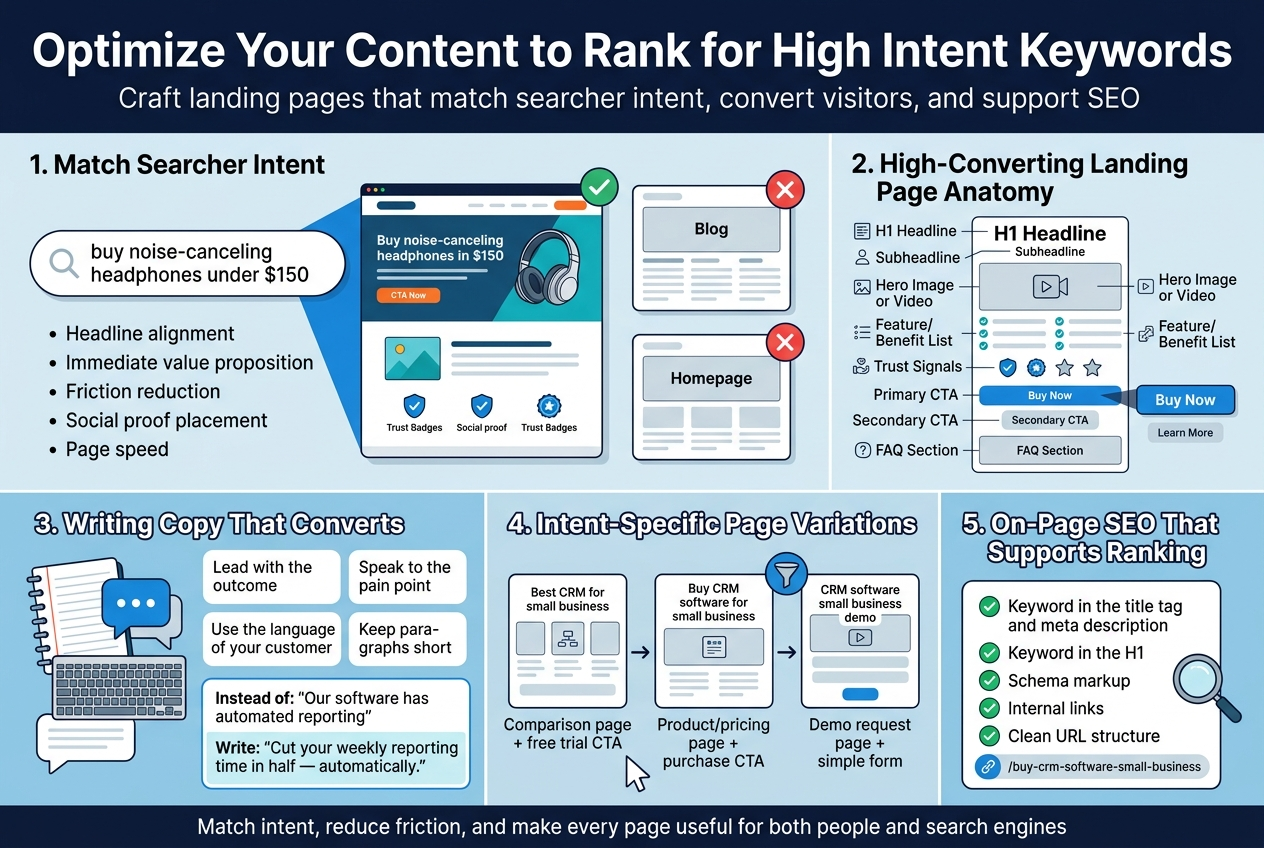 Create a clean, modern infographic illustration in a 3:2 landscape aspect ratio with a full-bleed layout, no inset margins, no poster frame, and a wide multi-column composition.
Top header across the full width:
Bold title in large sans-serif font: "Optimize Your Content to Rank for High Intent Keywords"
Smaller subtitle directly below: "Craft landing pages that match searcher intent, convert visitors, and support SEO"
Use a professional color palette of deep navy, bright blue, teal, white, and light gray with orange accent highlights for CTAs. Include crisp vector-style icons, subtle shadows, and strong visual hierarchy.
Main layout: three wide horizontal sections arranged left-to-right and top-to-bottom.
SECTION 1 on the upper left and center: "1. Match Searcher Intent"
Place a large search bar graphic with the text "buy noise-canceling headphones under $150" and a landing page mockup beside it.
Show a green checkmark above a page with headline, hero image, CTA, and trust badges.
Add a red X over a generic blog page and generic homepage card.
Include short bullet text:
- "Headline alignment"
- "Immediate value proposition"
- "Friction reduction"
- "Social proof placement"
- "Page speed"
SECTION 2 on the upper right: "2. High-Converting Landing Page Anatomy"
Use a stacked page-wireframe illustration with labeled blocks and small icons beside each item:
- "H1 Headline"
- "Subheadline"
- "Hero Image or Video"
- "Feature/Benefit List"
- "Trust Signals"
- "Primary CTA"
- "Secondary CTA"
- "FAQ Section"
Show a blue CTA button labeled "Buy Now" and a smaller gray button labeled "Learn More".
SECTION 3 across the lower left: "3. Writing Copy That Converts"
Use a notebook, keyboard, and speech bubble icon cluster.
Display four compact callout cards:
- "Lead with the outcome"
- "Speak to the pain point"
- "Use the language of your customer"
- "Keep paragraphs short"
Add a highlighted example pair:
"Instead of: 'Our software has automated reporting'"
"Write: 'Cut your weekly reporting time in half — automatically.'"
SECTION 4 across the lower center: "4. Intent-Specific Page Variations"
Show three connected cards or mini page tiles with arrows between them:
- "Best CRM for small business" → "Comparison page + free trial CTA"
- "Buy CRM software for small business" → "Product/pricing page + purchase CTA"
- "CRM software small business demo" → "Demo request page + simple form"
Use a small funnel icon and a cursor icon near the cards.
SECTION 5 across the lower right: "5. On-Page SEO That Supports Ranking"
Use a checklist panel with green check icons and a small magnifying glass icon.
Include:
- "Keyword in the title tag and meta description"
- "Keyword in the H1"
- "Schema markup"
- "Internal links"
- "Clean URL structure"
Add a small URL pill: "/buy-crm-software-small-business"
Include a subtle footer strip across the bottom with the message:
"Match intent, reduce friction, and make every page useful for both people and search engines"
Typography should be bold, readable, and modern. Use clear section dividers, icon badges, and rounded rectangles. Keep all text sharp and legible.