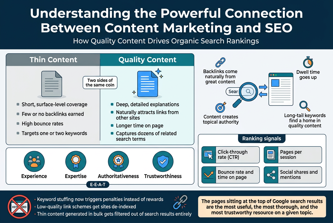 Create a clean, modern infographic in a 3:2 aspect ratio with a full-bleed layout and no border frame. Use a professional color palette of deep blue, teal, white, and light gray with orange accent highlights. Use bold sans-serif typography with strong visual hierarchy.
Top header across the full width:
Large bold title text: "Understanding the Powerful Connection Between Content Marketing and SEO"
Smaller subtitle beneath: "How Quality Content Drives Organic Search Rankings"
Below the header, arrange the content in wide horizontal sections with icons and clear blocks, not a narrow vertical stack.
Left-center section:
A large split comparison panel titled "Thin Content" and "Quality Content"
Under "Thin Content," show a dull gray document icon and these four short bullet lines:
"Short, surface-level coverage"
"Few or no backlinks earned"
"High bounce rates"
"Targets one or two keywords"
Under "Quality Content," show a bright blue document icon with sparkle accents and these four short bullet lines:
"Deep, detailed explanations"
"Naturally attracts links from other sites"
"Longer time on page"
"Captures dozens of related search terms"
Add a small label between the columns: "Two sides of the same coin"
Right-center section:
A search engine / magnifying glass graphic connected by arrows to a content page, with four small icon callouts around it:
"Backlinks come naturally from great content"
"Dwell time goes up"
"Content creates topical authority"
"Long-tail keywords find a home in quality content"
Lower-left section:
A four-part E-E-A-T block with four circular icons and labels:
"Experience"
"Expertise"
"Authoritativeness"
"Trustworthiness"
Add a small caption beneath: "E-E-A-T"
Lower-right section:
A ranking signals panel with four compact rows, each with an icon and label:
"Click-through rate (CTR)"
"Bounce rate and time on page"
"Pages per session"
"Social shares and mentions"
Bottom band across the width:
A warning / no-shortcuts strip with a red crossed-out keyword icon and a broken link icon, followed by these lines:
"Keyword stuffing now triggers penalties instead of rewards"
"Low-quality link schemes get sites de-indexed"
"Thin content generated in bulk gets filtered out of search results entirely"
Final closing statement in a highlighted box:
"The pages sitting at the top of Google search results are the most useful, the most thorough, and the most trustworthy resource on a given topic."
Use clear section dividers, simple flat vector illustrations, subtle shadows, and strong spacing. Keep all text sharp, readable, and aligned.