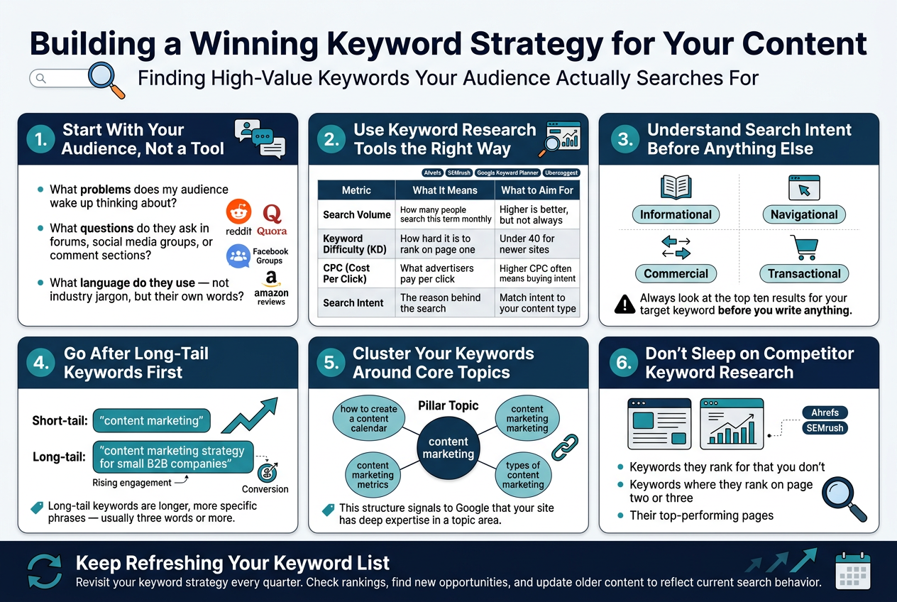Create a clean, modern infographic illustration in a 3:2 aspect ratio, full-bleed layout with no poster frame, using a wide multi-section horizontal composition. Use a professional SaaS-style design with a white background, deep navy headings, teal and blue accent colors, orange highlights, and subtle gray dividers. Use a bold sans-serif font for headings and a readable sans-serif font for body text.
Top banner across the full width: large bold title text, centered-left, reading "Building a Winning Keyword Strategy for Your Content" with a smaller subtitle underneath reading "Finding High-Value Keywords Your Audience Actually Searches For". Add a magnifying glass and search bar icon near the title.
Below the title, arrange 6 wide content blocks in a 2-row grid, each block with a colored header bar, a numbered circle icon, and matching visual symbols.
Block 1 on upper left: heading "1. Start With Your Audience, Not a Tool" with icons of a person, chat bubbles, and a forum post. Include short bullet text:
- "What problems does my audience wake up thinking about?"
- "What questions do they ask in forums, social media groups, or comment sections?"
- "What language do they use — not industry jargon, but their own words?"
Add small platform icons for Reddit, Quora, Facebook Groups, and Amazon reviews.
Block 2 on upper center: heading "2. Use Keyword Research Tools the Right Way" with icons of a dashboard, magnifier, and analytics chart. Include a compact table with three columns and four rows labeled:
"Metric" | "What It Means" | "What to Aim For"
"Search Volume" | "How many people search this term monthly" | "Higher is better, but not always"
"Keyword Difficulty (KD)" | "How hard it is to rank on page one" | "Under 40 for newer sites"
"CPC (Cost Per Click)" | "What advertisers pay per click" | "Higher CPC often means buying intent"
"Search Intent" | "The reason behind the search" | "Match intent to your content type"
Add small tool labels: "Ahrefs", "SEMrush", "Google Keyword Planner", "Ubersuggest".
Block 3 on upper right: heading "3. Understand Search Intent Before Anything Else" with four quadrant icons: book, browser window, comparison arrows, shopping cart. Show four labeled intent chips:
"Informational"
"Navigational"
"Commercial"
"Transactional"
Add a small warning callout with bold text: "Always look at the top ten results for your target keyword before you write anything."
Block 4 on lower left: heading "4. Go After Long-Tail Keywords First" with a short and long keyword comparison visual, using two horizontal keyword bars. Include exact labels:
"Short-tail: \"content marketing\""
"Long-tail: \"content marketing strategy for small B2B companies\""
Add a rising engagement arrow and small conversion icon. Include a small note:
"Long-tail keywords are longer, more specific phrases — usually three words or more."
Block 5 on lower center: heading "5. Cluster Your Keywords Around Core Topics" with a hub-and-spoke topic cluster diagram. Center node labeled "Pillar Topic" and "content marketing". Surrounding connected nodes labeled:
"how to create a content calendar"
"content marketing metrics"
"types of content marketing"
Add a link chain icon connecting all nodes back to the center. Include a small note:
"This structure signals to Google that your site has deep expertise in a topic area."
Block 6 on lower right: heading "6. Don't Sleep on Competitor Keyword Research" with icons of two website pages, a graph, and a spyglass. Include three bullet points:
- "Keywords they rank for that you don't"
- "Keywords where they rank on page two or three"
- "Their top-performing pages"
Add a small label near the graph: "Ahrefs" and "SEMrush".
Across the very bottom, add a full-width concluding strip with a refresh icon and bold text:
"Keep Refreshing Your Keyword List"
Smaller text beneath:
"Revisit your keyword strategy every quarter. Check rankings, find new opportunities, and update older content to reflect current search behavior."
Add subtle upward trend arrows and a calendar icon.
Use crisp spacing, thin dividers, rounded cards, small shadow effects, and clear visual hierarchy. Keep the layout balanced and wide, with no centered vertical stack. Ensure all text is sharp, legible, and exactly as written.