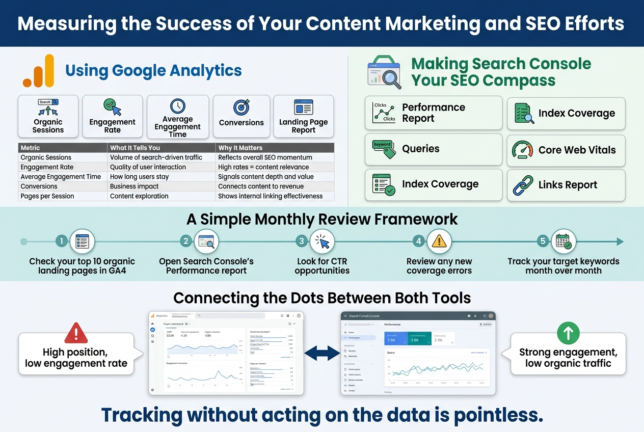 Aspect ratio 3:2, full-bleed professional infographic on a clean white background with deep blue, teal, green, and gold accents, modern sans-serif typography, bold hierarchical layout, no frame, no vertical poster stack.
Top full-width header band in dark blue with large bold white title text: "Measuring the Success of Your Content Marketing and SEO Efforts"
Below the header, create a wide 2-column layout with clear section blocks and icons.
Left upper section titled in blue: "Using Google Analytics"
Include a Google Analytics-style orange bar chart icon and five horizontal metric cards with small icons:
1. "Organic Sessions" — icon of search traffic arrows
2. "Engagement Rate" — icon of a cursor and checkmark
3. "Average Engagement Time" — icon of a clock
4. "Conversions" — icon of a target or shopping cart
5. "Landing Page Report" — icon of a web page window
Under these cards, add a small 3-column mini table with header row in dark gray:
"Metric" | "What It Tells You" | "Why It Matters"
Rows:
"Organic Sessions" | "Volume of search-driven traffic" | "Reflects overall SEO momentum"
"Engagement Rate" | "Quality of user interaction" | "High rates = content relevance"
"Average Engagement Time" | "How long users stay" | "Signals content depth and value"
"Conversions" | "Business impact" | "Connects content to revenue"
"Pages per Session" | "Content exploration" | "Shows internal linking effectiveness"
Right upper section titled in green: "Making Search Console Your SEO Compass"
Include a Search Console-style magnifying glass and search graph icon, with five stacked metric blocks:
1. "Performance Report" — icon of a line graph with clicks and impressions
2. "Queries" — icon of keyword tags
3. "Index Coverage" — icon of a sitemap or checklist
4. "Core Web Vitals" — icon of a speedometer
5. "Links Report" — icon of connected chain links
Center wide band across the page with a light teal background titled: "A Simple Monthly Review Framework"
Use five numbered circular badges connected by a subtle horizontal arrow line, each with a small icon:
1. "Check your top 10 organic landing pages in GA4" — icon of a page list
2. "Open Search Console's Performance report" — icon of a ranking chart
3. "Look for CTR opportunities" — icon of a click cursor and percentage symbol
4. "Review any new coverage errors" — icon of a warning triangle
5. "Track your target keywords month over month" — icon of a calendar and rising arrow
Bottom full-width comparison section titled: "Connecting the Dots Between Both Tools"
Show a split visual: left side a GA4 dashboard card with traffic and engagement graphs, right side a Search Console dashboard card with query and ranking graphs, connected by a bold linking arrow in the middle.
Include two callout boxes:
Left callout with a red alert icon and text: "High position, low engagement rate"
Right callout with a green upward arrow icon and text: "Strong engagement, low organic traffic"
Add a final bold footer statement across the bottom in dark blue text:
"Tracking without acting on the data is pointless."
Use crisp vector-style icons, subtle shadows, clean spacing, aligned grids, strong visual hierarchy, and readable infographic text.
