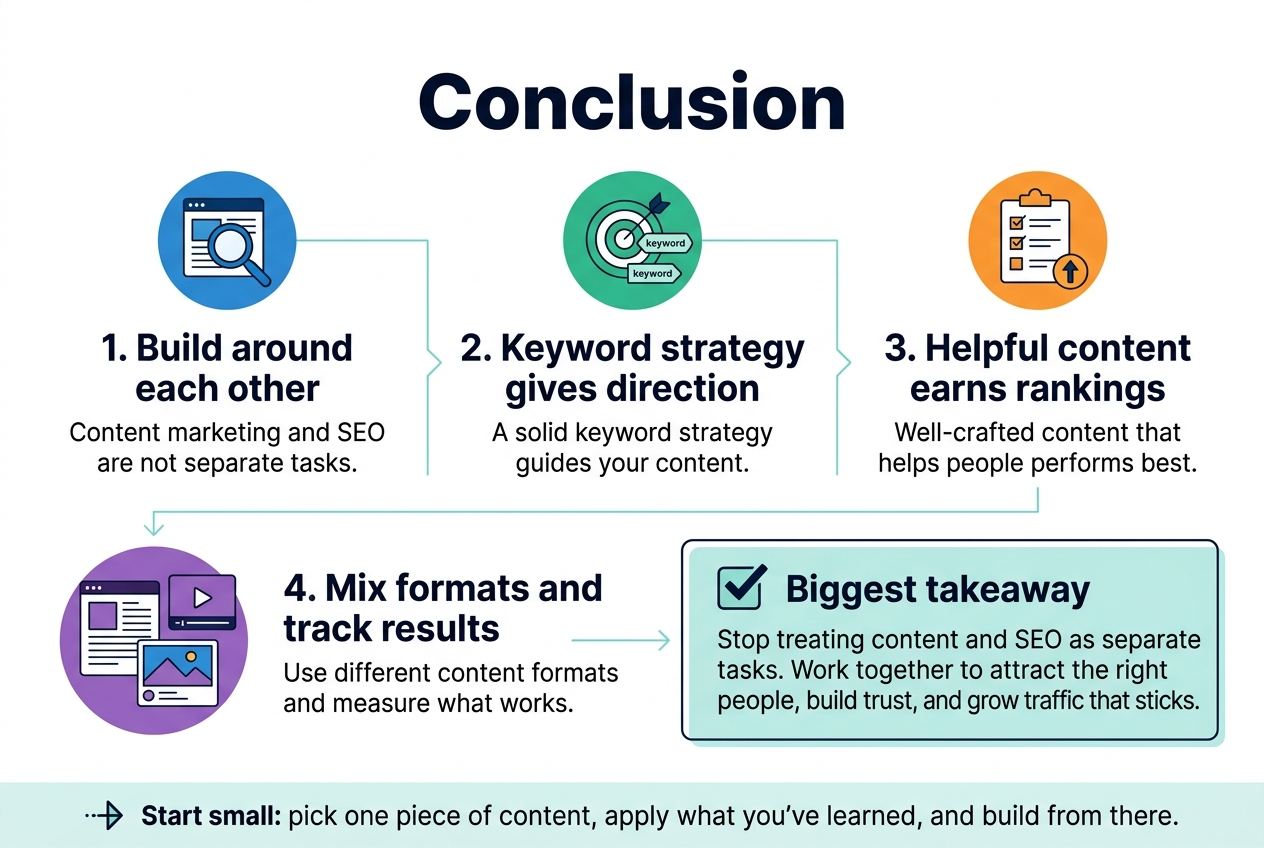 Create a clean professional infographic illustration in a 3:2 aspect ratio, full-bleed layout with no frame or inset margin, modern flat design, white background with teal, navy, blue, and orange accents, bold sans-serif typography, clear visual hierarchy.
Top center: large bold heading in dark navy text, exactly "Conclusion".
Below the heading, arrange four wide horizontal content blocks across the page in a balanced multi-column layout, not a narrow vertical stack.
Block 1 on the left: a blue circular icon with a magnifying glass and small content document, title text exactly "1. Build around each other", with smaller body text: "Content marketing and SEO are not separate tasks."
Block 2 near upper center: a green circular icon with a target and keyword tags, title text exactly "2. Keyword strategy gives direction", with smaller body text: "A solid keyword strategy guides your content."
Block 3 near upper right: an orange circular icon with a checklist and upward ranking arrow, title text exactly "3. Helpful content earns rankings", with smaller body text: "Well-crafted content that helps people performs best."
Block 4 across the lower left and center: a purple circular icon with mixed content format symbols such as a blog page, video play button, and social post card, title text exactly "4. Mix formats and track results", with smaller body text: "Use different content formats and measure what works."
Lower right wide takeaway box with a light teal background and bold border, include a strong checkmark icon and the headline text exactly "Biggest takeaway" followed by the body text: "Stop treating content and SEO as separate tasks. Work together to attract the right people, build trust, and grow traffic that sticks."
Bottom band across the full width with a small starter arrow icon and the text exactly "Start small: pick one piece of content, apply what you've learned, and build from there."
Use subtle connecting lines or arrows between the blocks to show integration and flow, with a polished editorial infographic style, crisp spacing, and high readability.