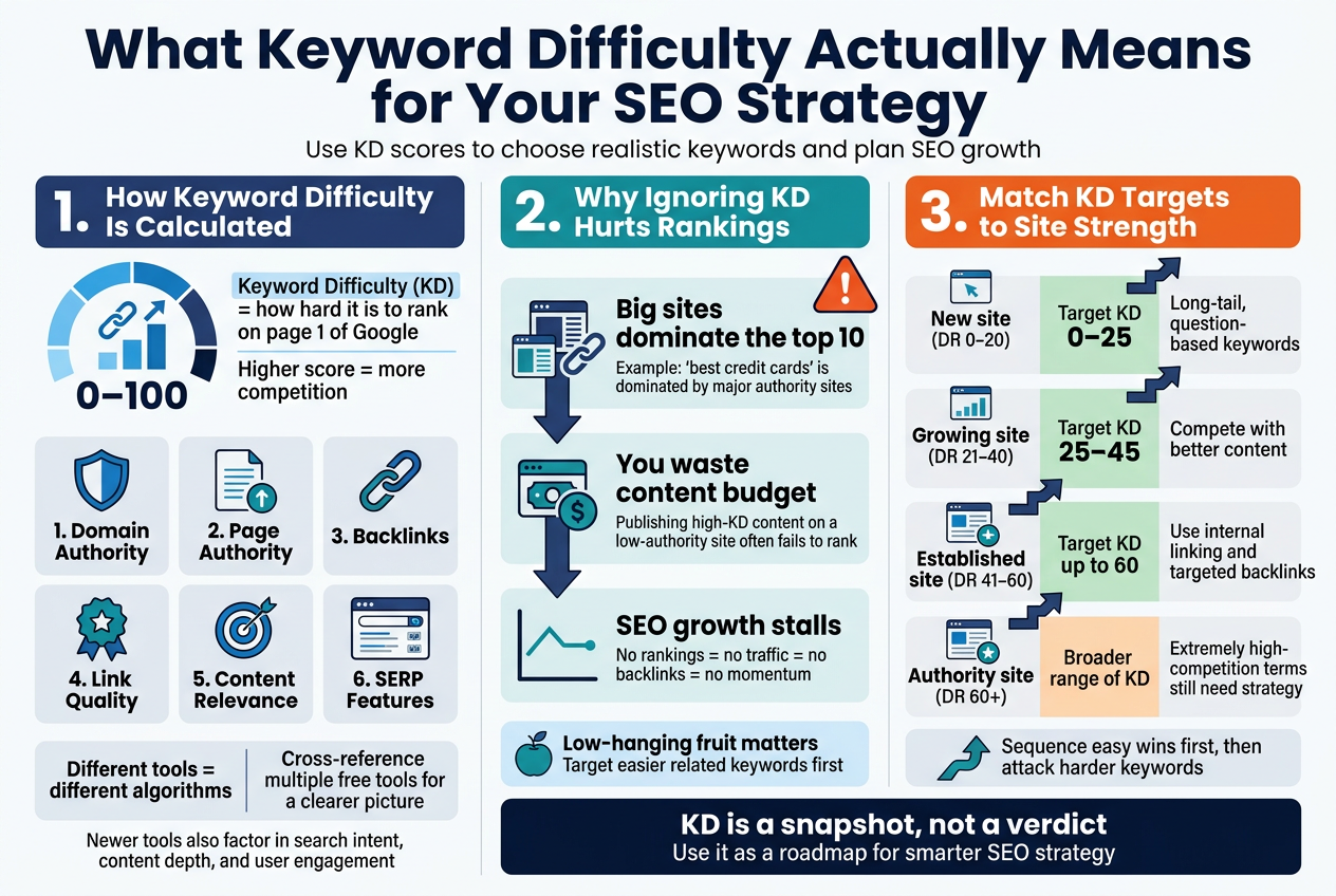 Aspect ratio 3:2, full-bleed professional infographic illustration, clean modern design, wide horizontal layout with no frame or inset border, white background with blue, teal, navy, and orange accents, bold sans-serif typography, strong visual hierarchy.
Top header across full width:
Large bold title text: "What Keyword Difficulty Actually Means for Your SEO Strategy"
Small subtitle beneath: "Use KD scores to choose realistic keywords and plan SEO growth"
Main content arranged in 3 wide horizontal sections with clear blocks, icons, and numbered labels.
SECTION 1 — left third, heading bar in navy:
Heading text: "1. How Keyword Difficulty Is Calculated"
Under heading, a large circular gauge icon showing "0–100" with a rising bar and link icons.
Short definition text in a highlighted box:
"Keyword Difficulty (KD) = how hard it is to rank on page 1 of Google"
"Higher score = more competition"
Below, a horizontal row of 6 small icon cards with labels:
1. "Domain Authority" — shield icon
2. "Page Authority" — document with upward arrow icon
3. "Backlinks" — chain link icon
4. "Link Quality" — star badge icon
5. "Content Relevance" — target icon
6. "SERP Features" — search results page icon with snippet and ad markers
At the bottom of this section, a small comparison note in two side-by-side mini cards:
"Different tools = different algorithms"
"Cross-reference multiple free tools for a clearer picture"
Small footnote line beneath:
"Newer tools also factor in search intent, content depth, and user engagement"
SECTION 2 — center third, heading bar in teal:
Heading text: "2. Why Ignoring KD Hurts Rankings"
Use a downward path / warning-style visual with three stacked blocks and a red/orange warning icon.
Block 1 with giant competitor site silhouettes and backlinks:
"Big sites dominate the top 10"
Small text beneath:
"Example: 'best credit cards' is dominated by major authority sites"
Block 2 with a budget/cost icon:
"You waste content budget"
Small text beneath:
"Publishing high-KD content on a low-authority site often fails to rank"
Block 3 with a flatline traffic chart icon:
"SEO growth stalls"
Small text beneath:
"No rankings = no traffic = no backlinks = no momentum"
Add a small callout box at the bottom:
"Low-hanging fruit matters"
"Target easier related keywords first"
SECTION 3 — right third, heading bar in orange:
Heading text: "3. Match KD Targets to Site Strength"
Create a four-row strategy ladder with ascending steps and small site/authority icons.
Row 1:
"New site (DR 0–20)"
"Target KD 0–25"
"Long-tail, question-based keywords"
Row 2:
"Growing site (DR 21–40)"
"Target KD 25–45"
"Compete with better content"
Row 3:
"Established site (DR 41–60)"
"Target KD up to 60"
"Use internal linking and targeted backlinks"
Row 4:
"Authority site (DR 60+)"
"Broader range of KD"
"Extremely high-competition terms still need strategy"
Add a small roadmap arrow at the bottom pointing upward with text:
"Sequence easy wins first, then attack harder keywords"
Bottom full-width concluding banner spanning all sections, dark navy with white text:
"KD is a snapshot, not a verdict"
"Use it as a roadmap for smarter SEO strategy"
Visual style details:
- Use simple flat vector icons
- Use bold numbers for section labels
- Use color-coded highlights: blue for definition, red/orange for warnings, green for realistic targets
- Use clear spacing and aligned columns
- Keep text crisp, readable, and balanced across the wide layout